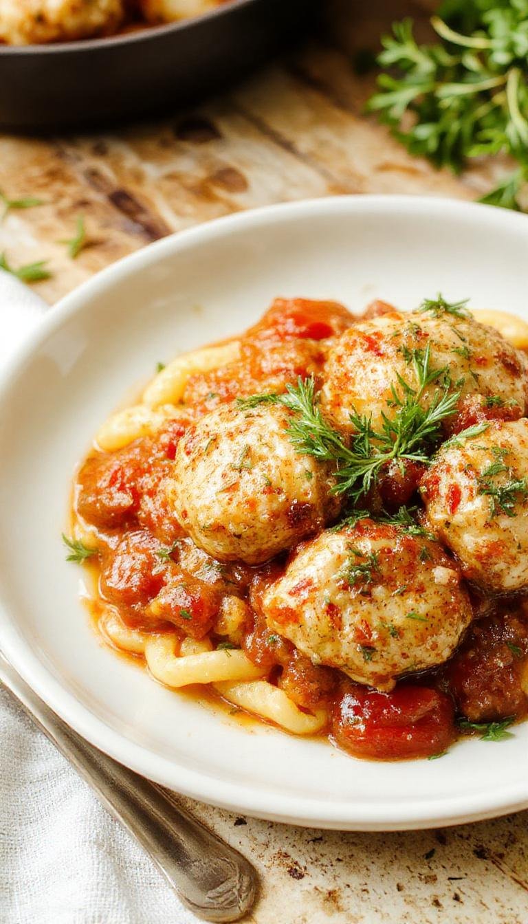 A close-up of golden baked rosemary chicken meatballs arranged atop a bed of vibrant tomato orzo in a white bowl, garnished with fresh herbs. The meatballs have a crispy exterior with specks of rosemary visible, and the tomato orzo glistens with a rich red hue, contrasting beautifully with the green herbs.