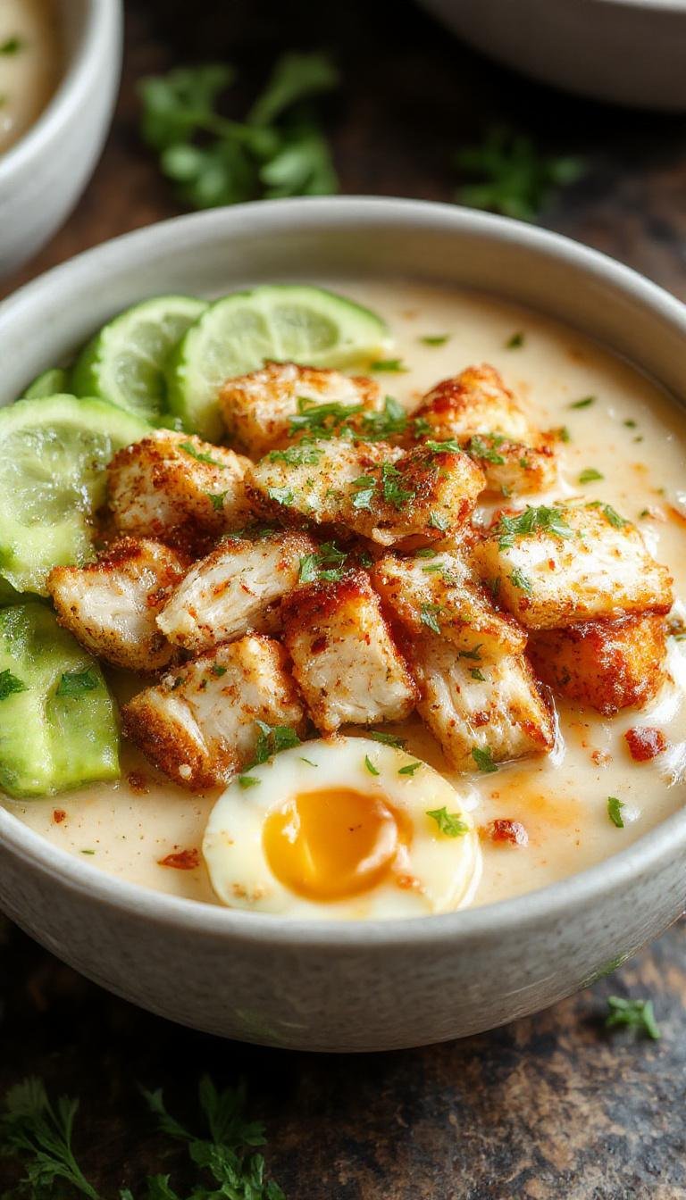 A vibrant bang bang chicken bowl featuring crispy fried chicken pieces coated in a spicy creamy sauce, garnished with fresh green herbs and diced vegetables, served in a deep white bowl with colorful toppings and a drizzle of sauce, highlighting the contrasting textures and bold flavors.