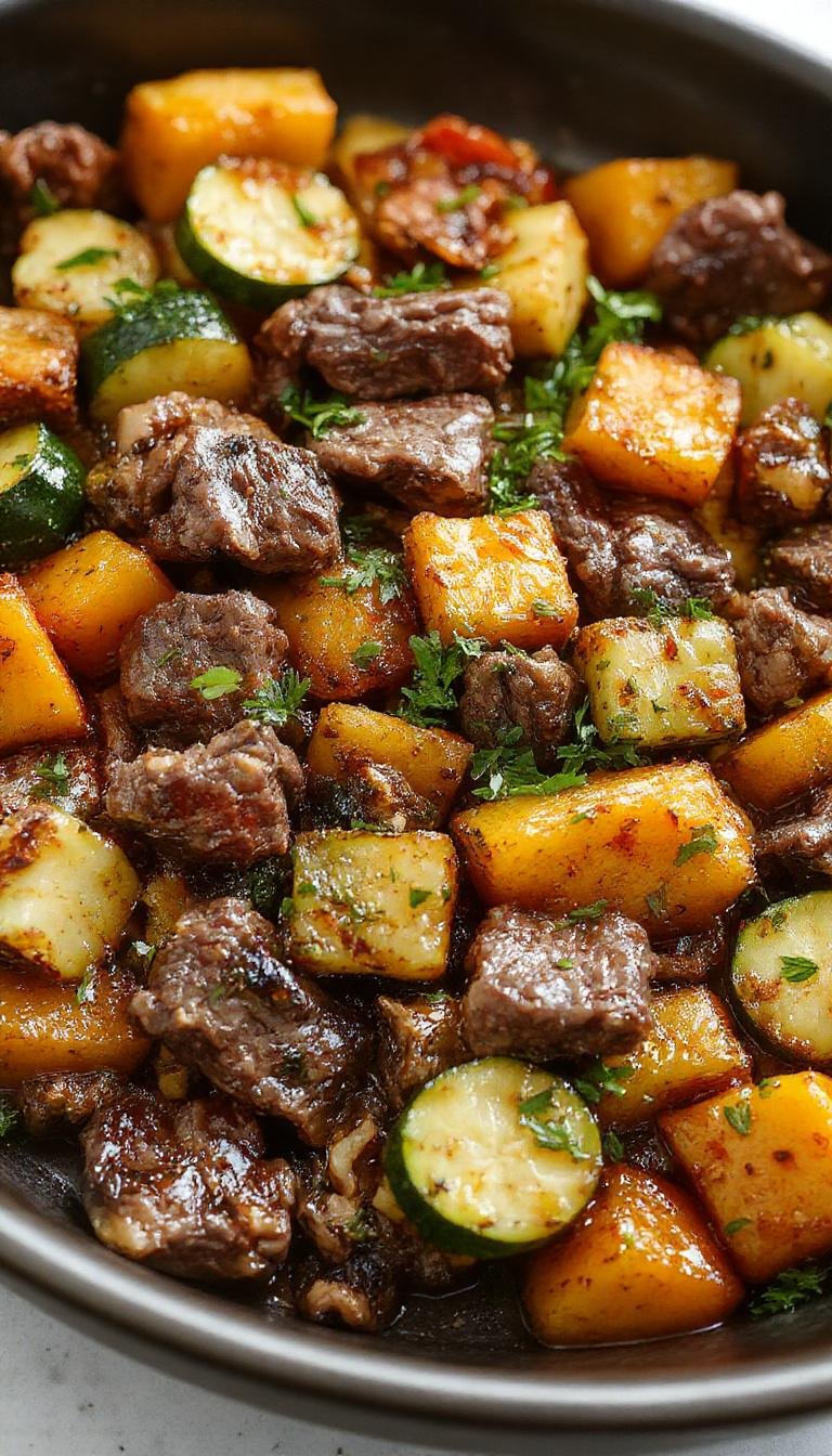 A colorful skillet dish featuring tender chunks of beef, vibrant green zucchini slices, and golden roasted sweet potato pieces all arranged artfully in a rustic skillet. The beef is browned with a slight char, the zucchini is fresh and slightly glossy, and the sweet potatoes have a caramelized surface, creating a warm, hearty visual with contrasting textures and colors.