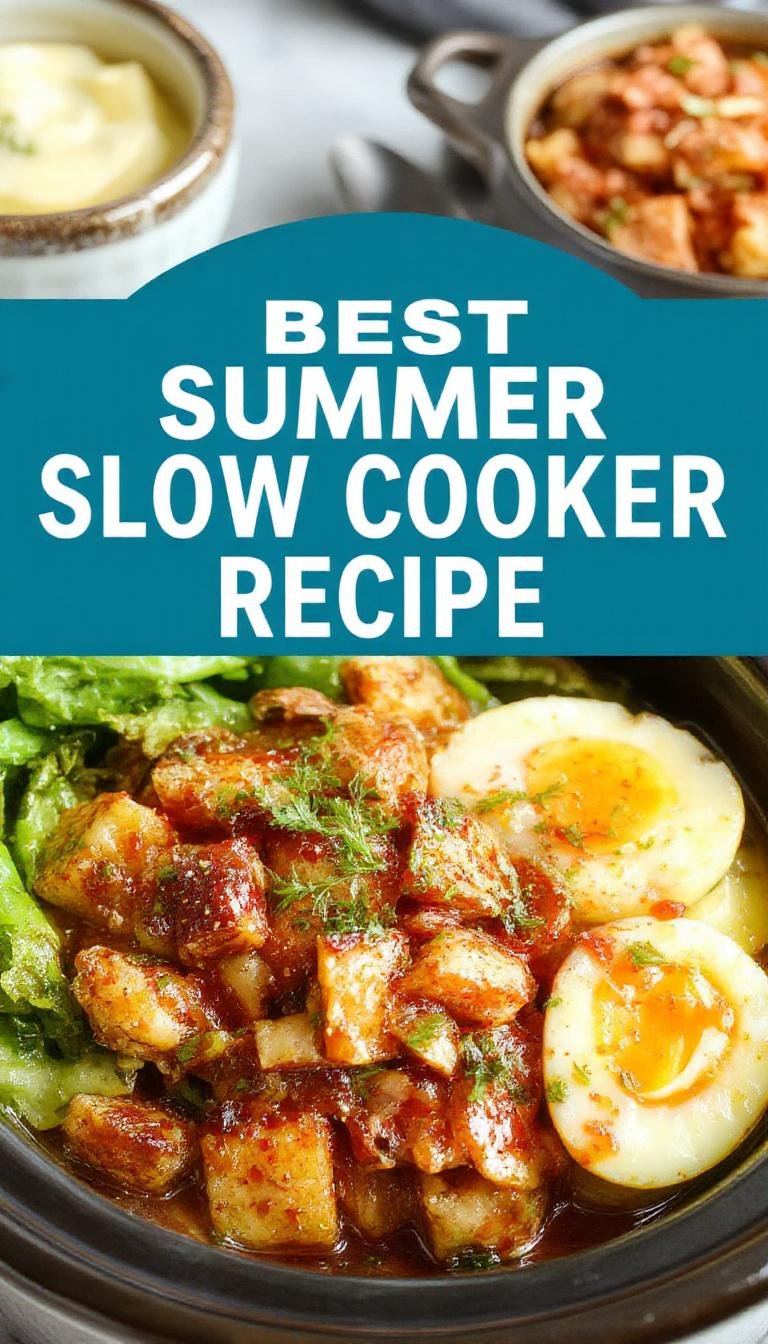 A vibrant image of a cooking pot filled with colorful summer vegetables and herbs, simmering gently. The dish is garnished with fresh greens and presented on a rustic wooden table, illuminated by natural sunlight. The textures of the vegetables are tender, and the steam rising from the crockpot hints at a warm, inviting meal perfect for summer evenings.
