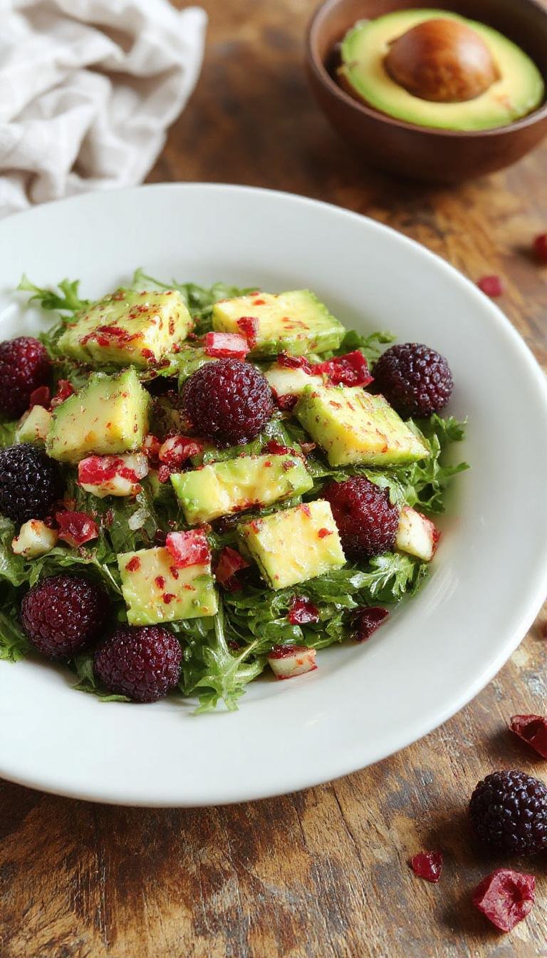 A vibrant salad featuring fresh arugula leaves topped with ripe blackberries and creamy avocado slices. The salad is presented on a white plate with a drizzle of vinaigrette, highlighting the contrasting dark purple berries, green arugula, and smooth avocado, with a light sprinkling of nuts or seeds around the edges.