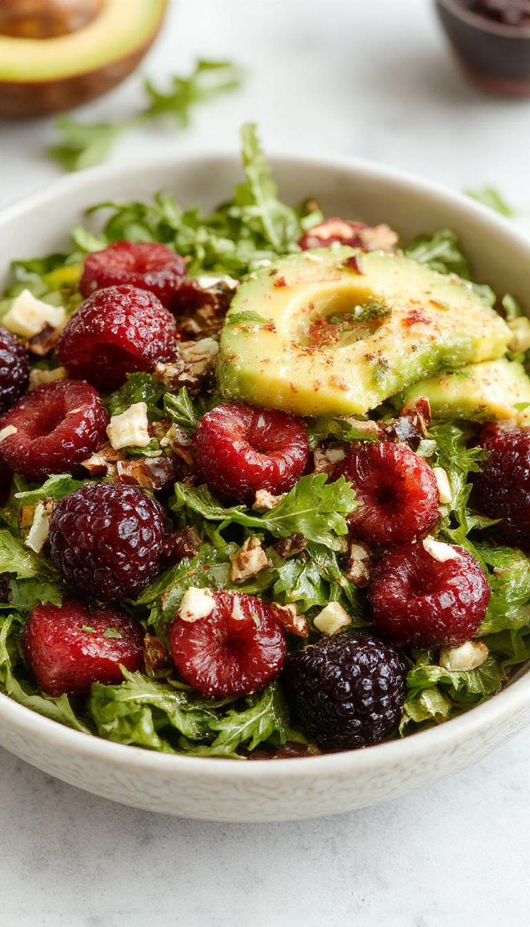 A vibrant Blackberry Avocado Arugula Salad in a white ceramic bowl, featuring ripe blackberries, slices of creamy avocado, and fresh arugula leaves. The salad is garnished with a light drizzle of vinaigrette, highlighting the deep purple, bright green, and dark leafy textures with a glossy finish.