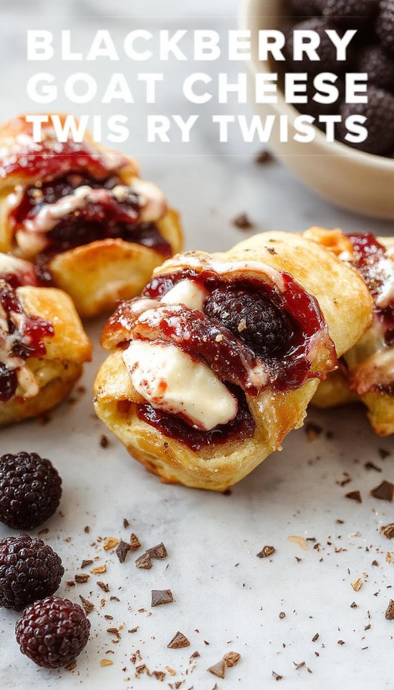 Golden-brown puff pastry twists twisted and layered, with visible blackberries and creamy goat cheese filling peeking through, glazed lightly for a shiny finish, styled on a rustic wooden surface with scattered blackberries around.