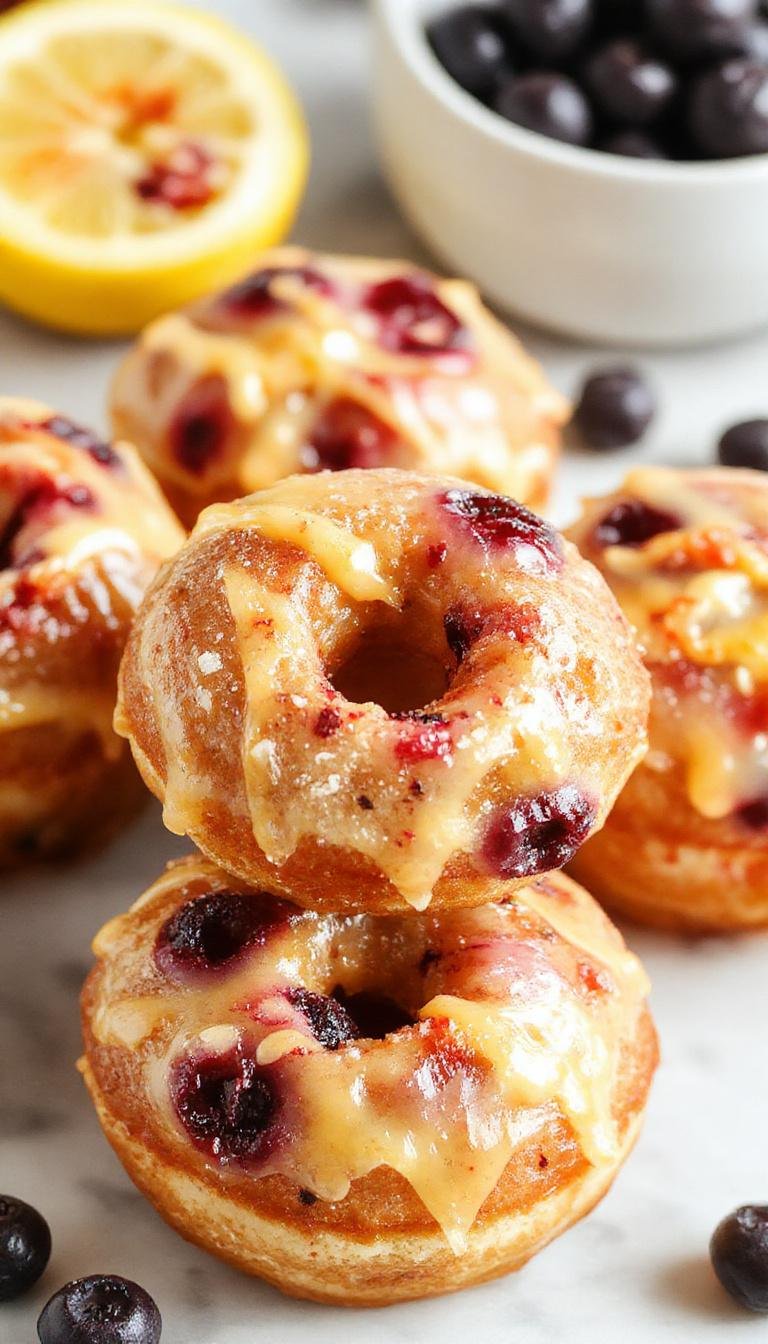 A close-up of golden-brown, bite-sized donut holes drizzled with glossy lemon glaze and topped with fresh blueberries, arranged on a rustic white plate with a few blueberries scattered around. The donut holes have a soft, airy texture visible through the slightly cracked surface, with the glaze giving a shiny, appealing finish.