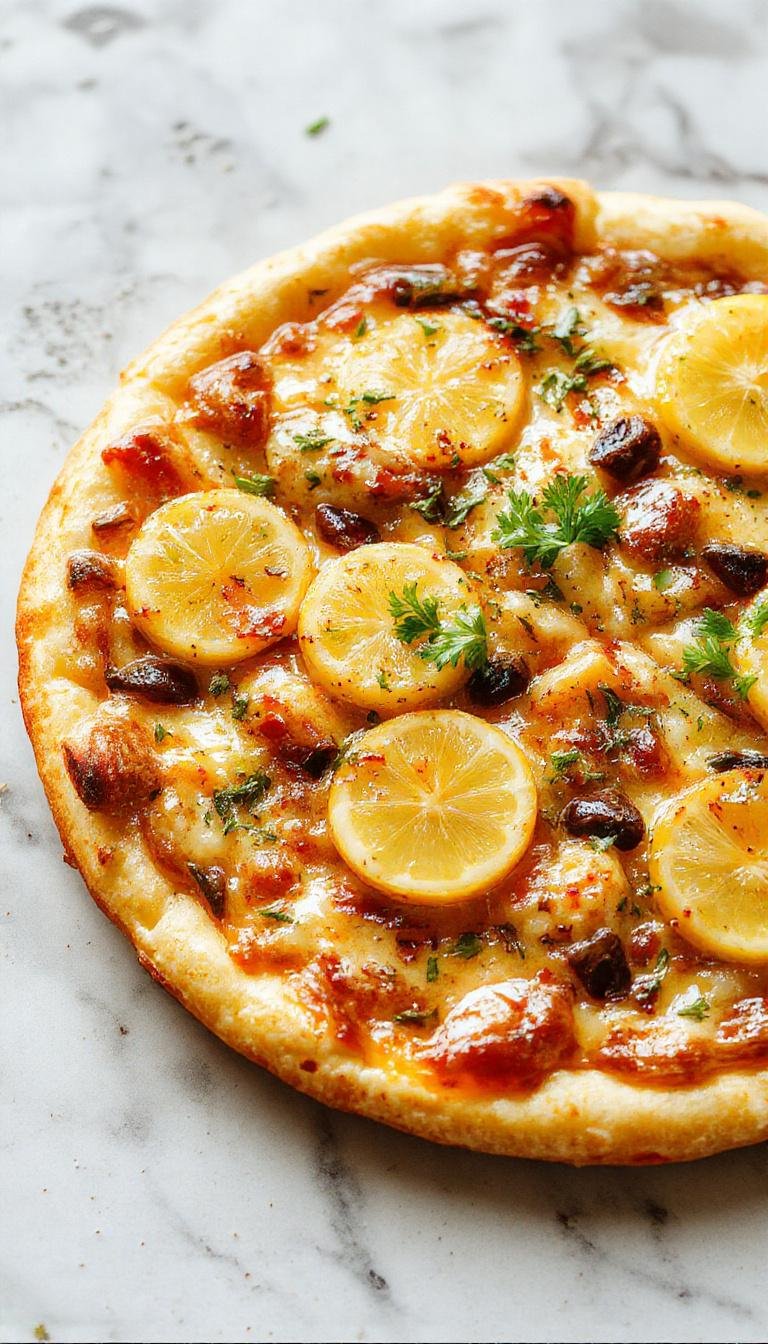 A round lemon pizza topped with fresh lemon slices, green herbs, and a drizzle of olive oil, displayed on a rustic wooden board. The golden crust is slightly crispy and the vibrant yellow and green toppings contrast beautifully, creating an inviting, fresh appearance.
