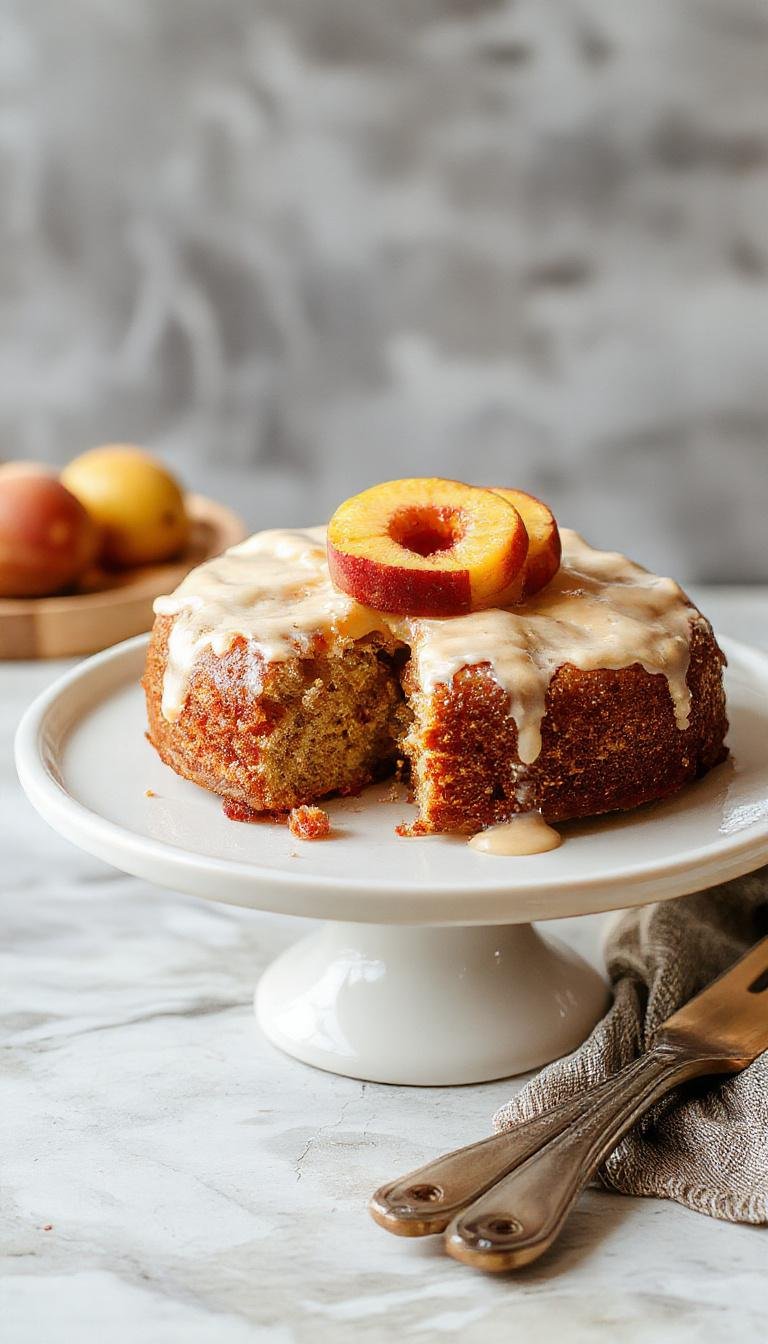 A slice of Brown Sugar Peach Cake displayed on a rustic white plate, showcasing a moist, golden-brown crumb topped with vibrant peach slices and a drizzle of caramel-colored glaze. The cake's texture appears soft and tender with a glistening finish, accented by fresh peach slices arranged artfully on top. The background is softly blurred with hints of summer fruit and a warm wooden surface.