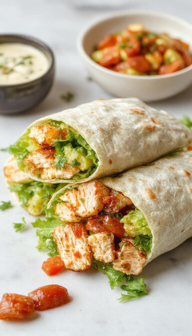 A close-up of California turkey club wraps, neatly sliced to reveal layers of turkey, crisp lettuce, ripe tomato slices, and creamy dressing inside a soft wrap, arranged on a white plate with fresh ingredients surrounding it.