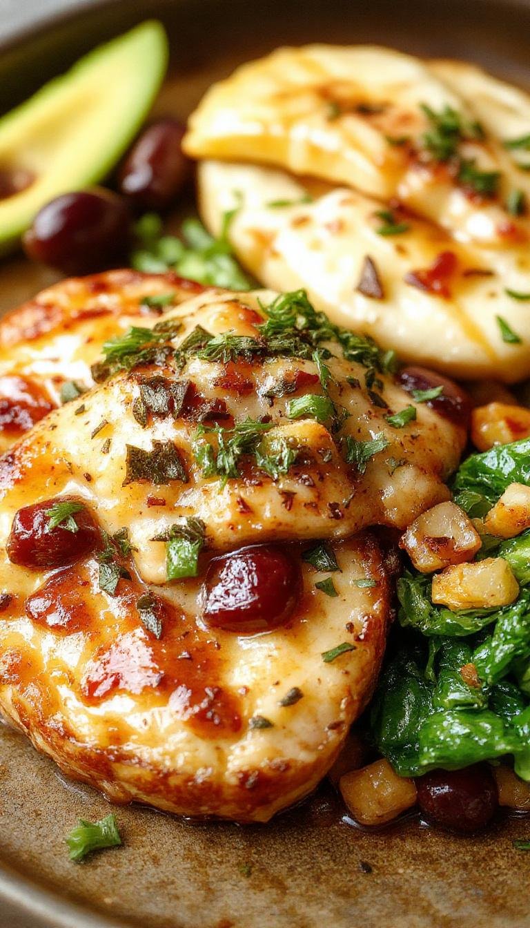 A vibrant plate featuring a colorful arrangement of grilled chicken, quinoa, and fresh steamed greens. The dish is artfully plated with a drizzle of olive oil and sprinkled herbs, showcasing a balanced and appetizing presentation on a white ceramic plate set against a rustic wooden background.