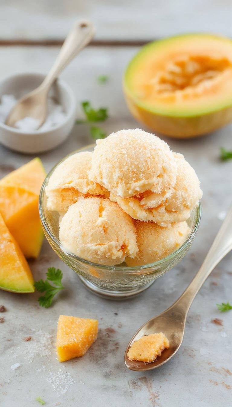 A creamy scoop of cantaloupe sea salt ice cream with a pale orange hue, garnished with a sprinkle of sea salt on top, served in a clear glass bowl. The surface appears smooth and velvety, with a slight frost indicating its cold temperature. The background features fresh cantaloupe slices and a rustic wooden table, evoking a refreshing summer vibe.