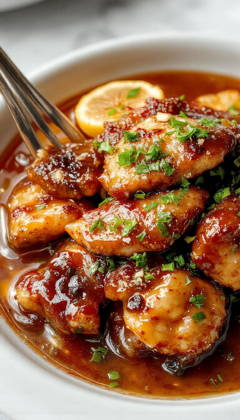 A close-up of caramelized soy chicken pieces arranged on a rustic plate, glazed with a glossy, deep caramel color. Garnished with freshly chopped green onions and served alongside a bowl of clear garlic broth with visible slices of garlic and herbs, all presented on a wooden table with a cozy, inviting atmosphere.