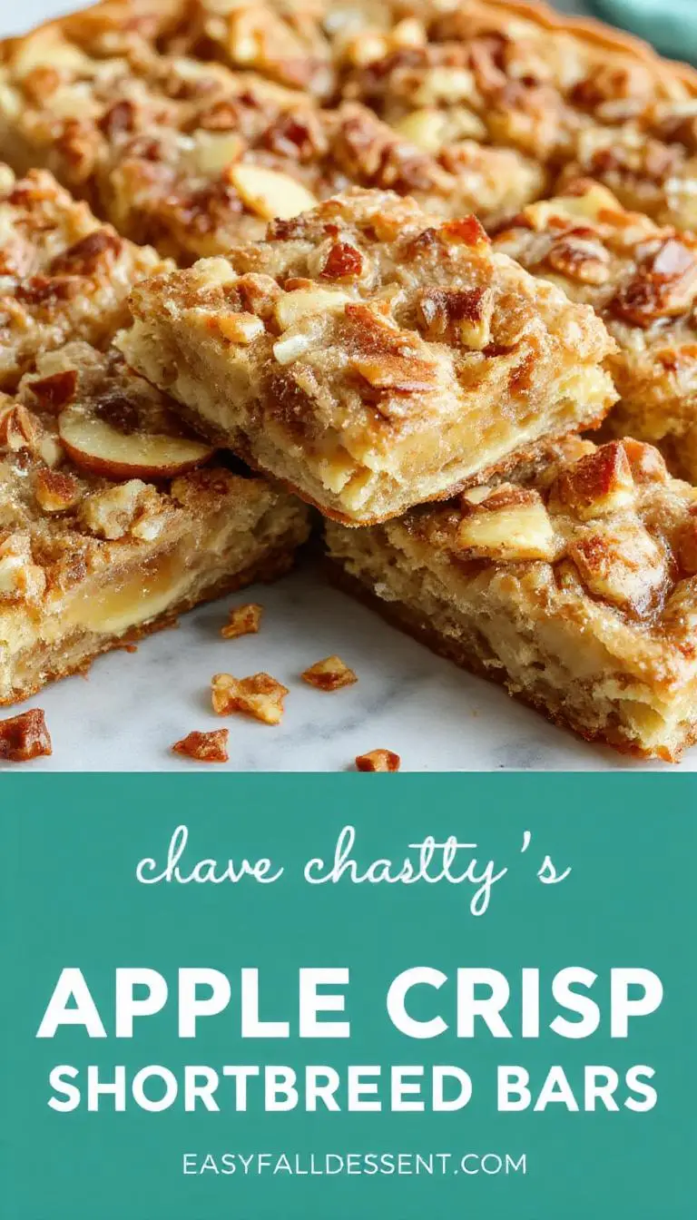 A close-up of Chasety's Apple Crisp Shortbread Bars on a rustic wooden table. The bars are golden brown with a crumbly, buttery shortbread crust topped with vibrant caramelized apple filling. A few apple slices and crumbs are scattered around, highlighting the texture contrast between the crisp topping and tender apples. The lighting accentuates the warm, inviting tones of the dessert, making it look both comforting and tempting.