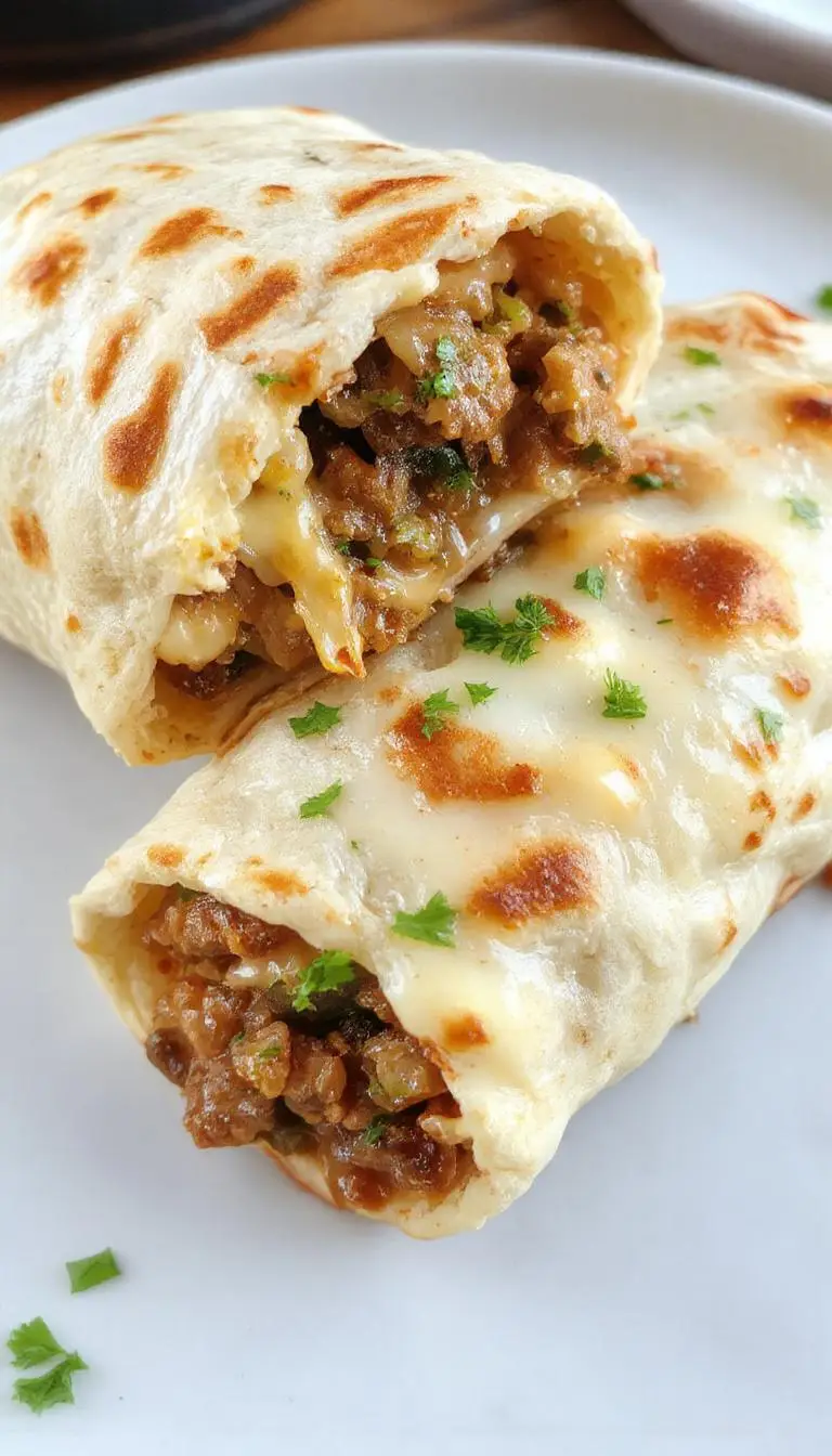 Golden-brown pita pockets filled with seasoned ground beef, sliced mushrooms, and melted cheese. The pita is cut open to reveal the savory filling, with gooey cheese oozing out. Fresh herbs garnish the exterior, and the filling includes tender beef, sautéed mushrooms, and a layer of melted cheese, arranged on a rustic wooden plate.