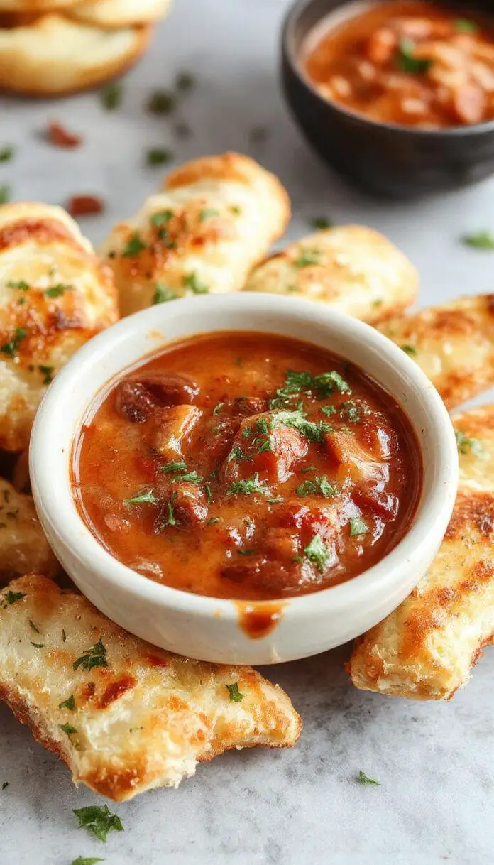 Golden-brown cheesy breadsticks arranged in a fan-like pattern on a rustic wooden serving board, topped with melted cheese and sprinkled with chopped parsley, with a side bowl of marinara sauce nearby