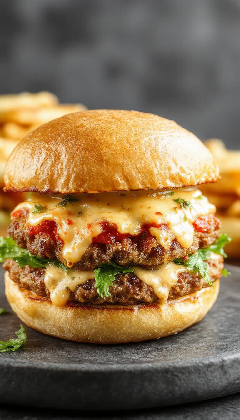 A close-up of a cheeseburger with melted cheese oozing over a juicy beef patty, topped with crispy bacon strips and fresh lettuce, all nestled in a toasted sesame seed bun. The burger rests on a rustic wooden platter with drips of cheese and sauce, highlighting its gooey, savory appeal.