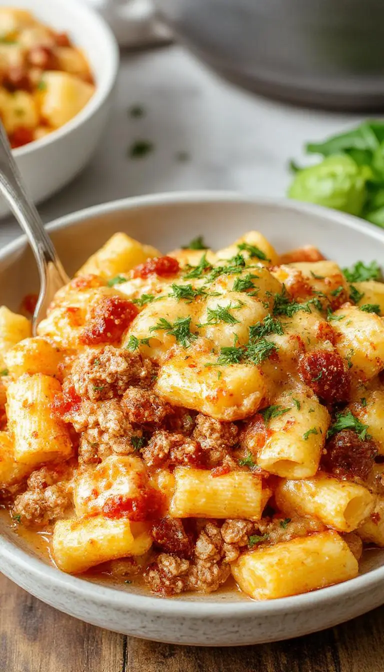 A hearty pasta bake in a ceramic dish showcasing golden-brown melted cheese on top, with visible spirals of pasta, ground turkey, and melted cheese bubbling around the edges, garnished with fresh herbs and served hot.