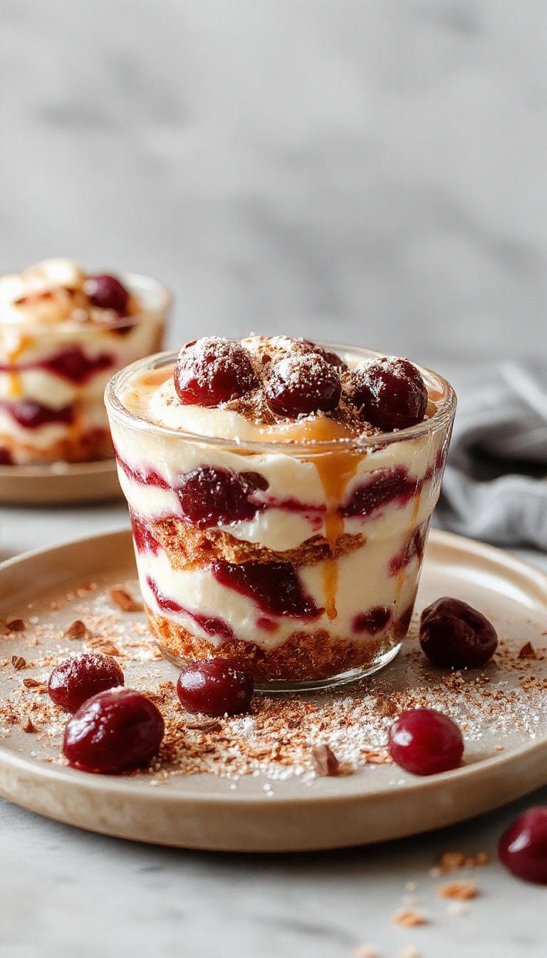 A layered cherry amaretto tiramisu in a clear glass dish, showcasing creamy mascarpone layers topped with vibrant red cherries and a dusting of cocoa powder, with visible ladyfinger layers and a glossy cherry glaze on top.