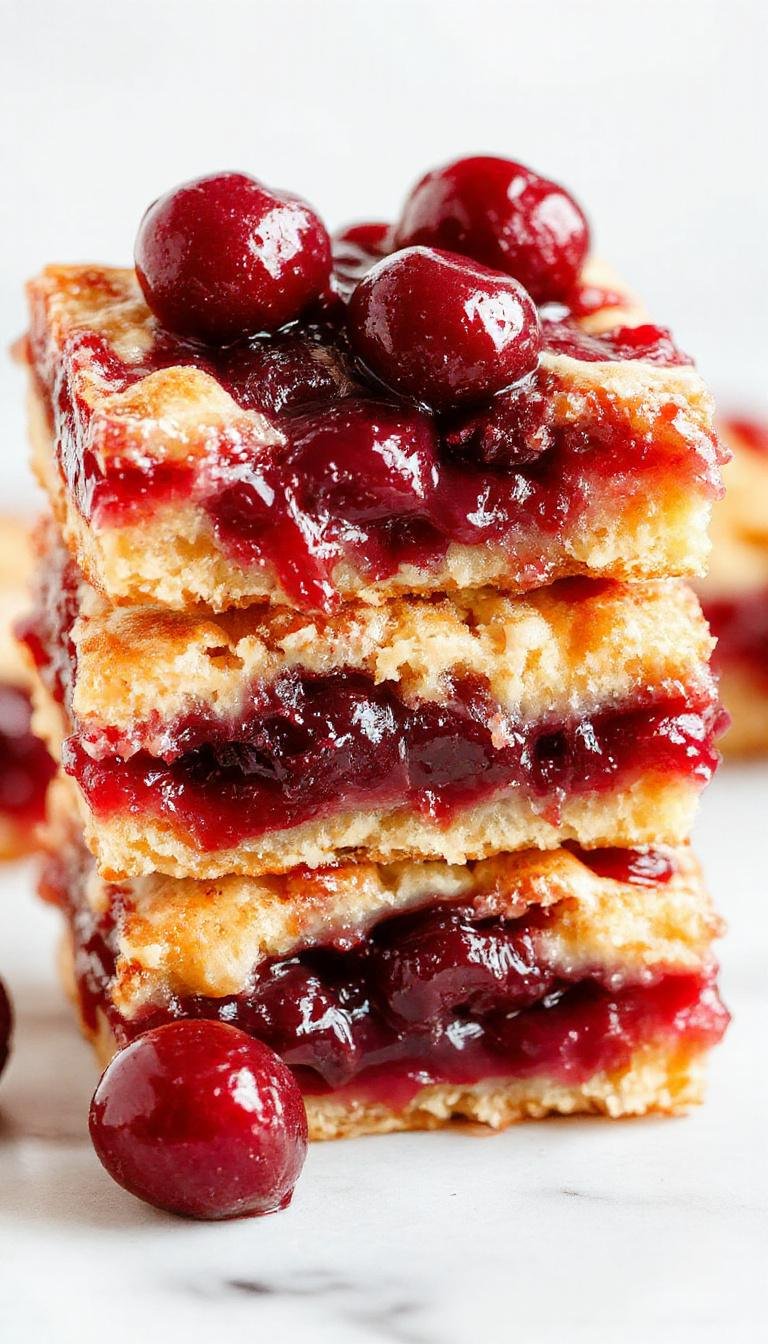 A close-up of cherry pie bars with a golden-brown crust topped with vibrant red cherry filling, garnished with a light dusting of powdered sugar, arranged on a rustic wooden platter with fresh cherries beside them