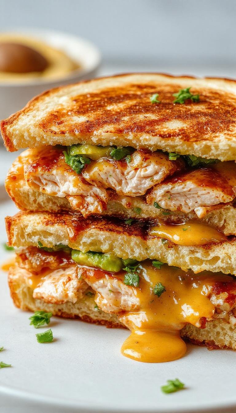 A close-up of a toasted sandwich with golden-brown bread, overflowing with creamy avocado slices, tender chicken strips, melted cheese, and fresh greens. The sandwich is cut in half, revealing its layers, and placed on a rustic wooden board with a side of crisp, leafy lettuce.