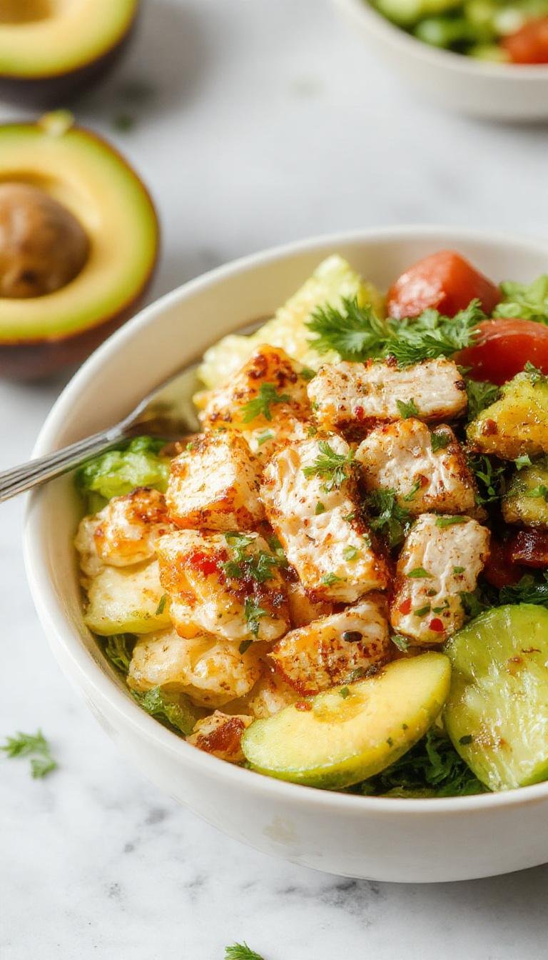 A vibrant bowl featuring sliced grilled chicken, fresh chopped tomatoes, crisp cucumber, red onion, kalamata olives, and creamy tzatziki sauce topped with fresh parsley, all arranged beautifully over a bed of seasoned rice. The colorful ingredients are accented by a sprinkle of herbs, creating an appetizing and inviting presentation.