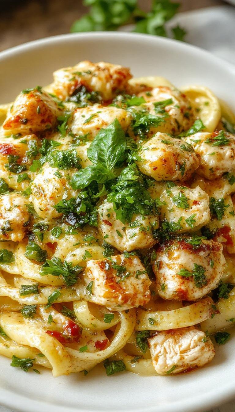 A plate of vibrant green pesto pasta topped with slices of grilled chicken, garnished with fresh basil and Parmesan cheese. The dish is presented on a rustic wooden table with a fork resting on the side, highlighting its creamy texture and colorful appearance.