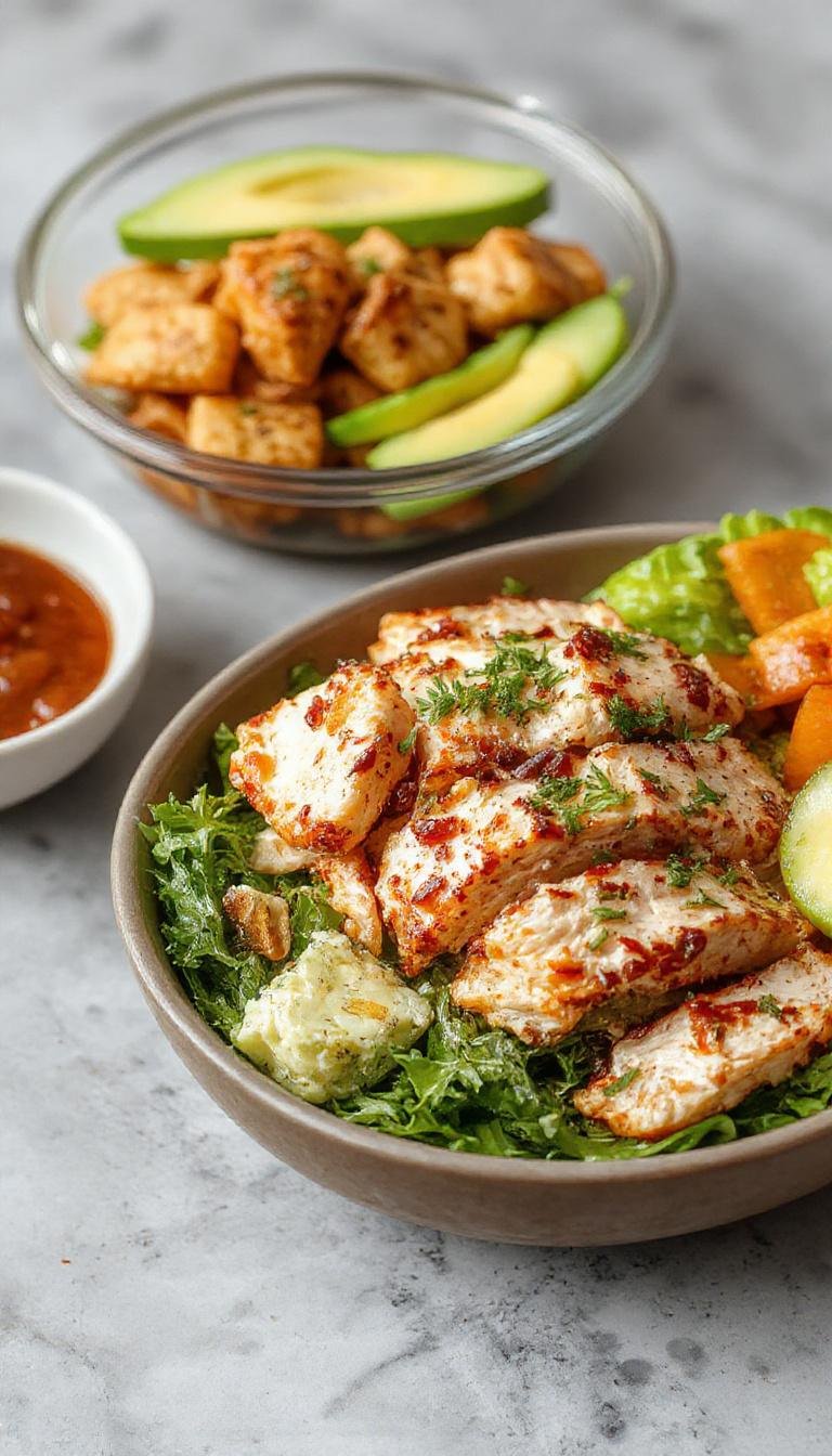 A vibrant chicken shawarma bowl featuring sliced marinated chicken, fresh chopped vegetables like cucumbers, tomatoes, and red onions, all arranged over fluffy rice. The bowl is garnished with sprigs of parsley and a drizzle of creamy sauce, showcasing a colorful and appetizing presentation.