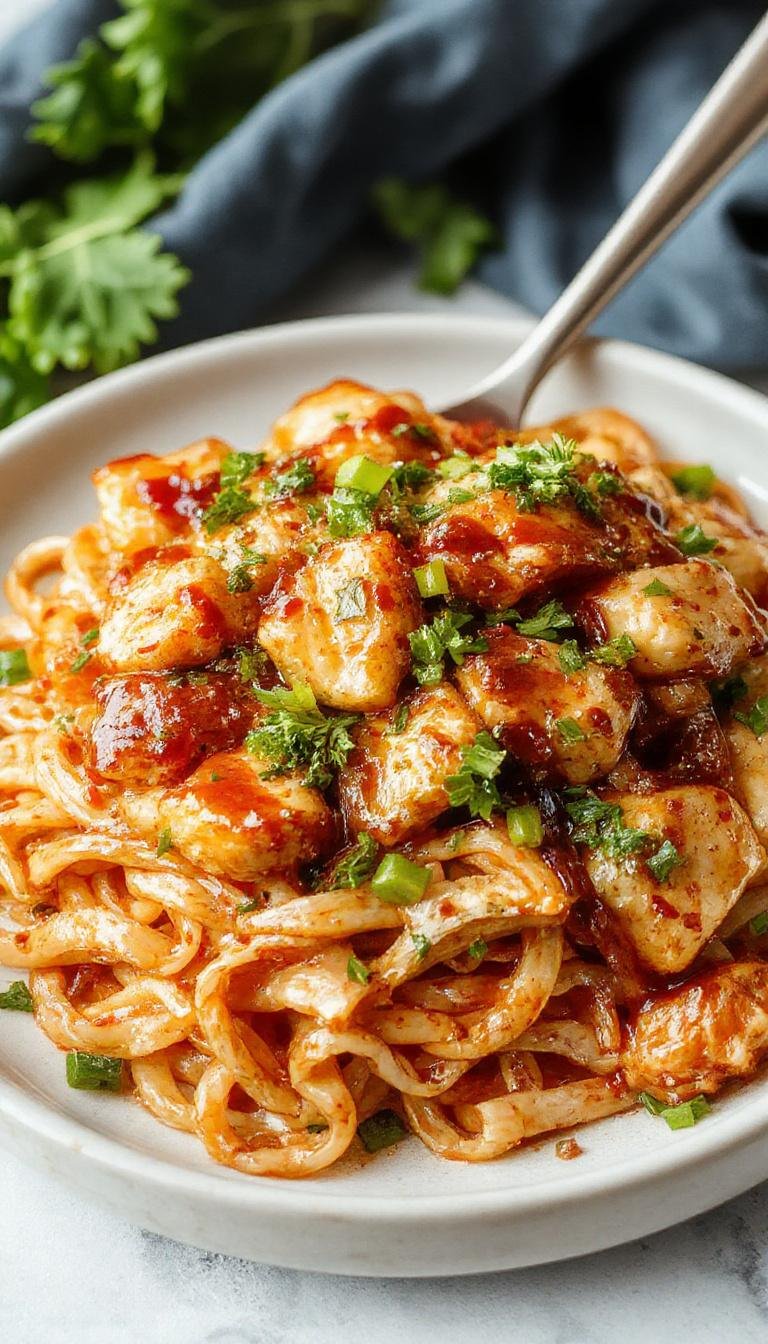A vibrant bowl of chicken teriyaki noodles featuring tender grilled chicken slices atop glossy, slightly caramelized teriyaki sauce-covered noodles, garnished with chopped green onions and sesame seeds. The dish is presented in a rustic white bowl on a wooden table, with scattered ingredients like sliced chicken, fresh green herbs, and a drizzle of sauce, highlighting its inviting and homey appeal.