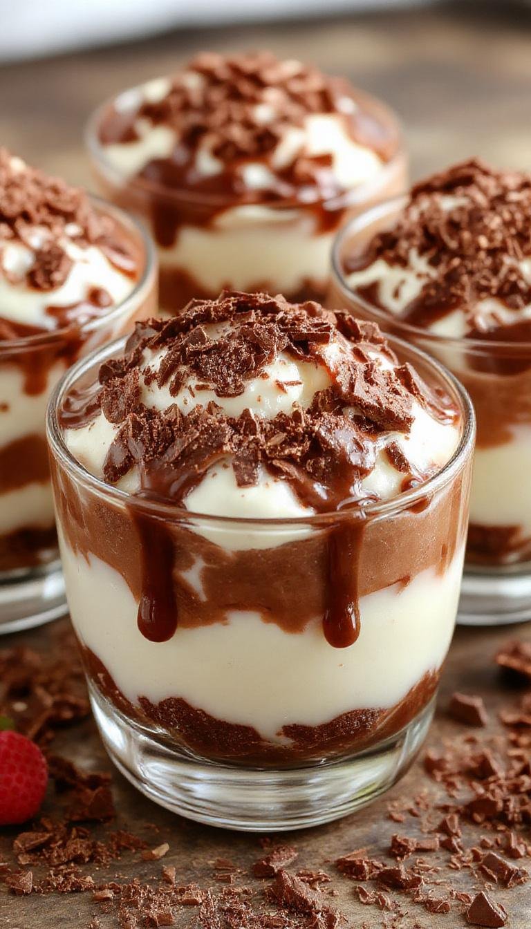 A luscious layered chocolate tiramisu dessert served in a clear glass dish, showing rich cocoa powder dusted on top, smooth mascarpone layers, and cocoa-covered ladyfingers visible through the transparent dish. The dessert has a velvety texture with a glossy finish, topped with a sprinkle of cocoa powder and a few dark chocolate shavings for garnish.