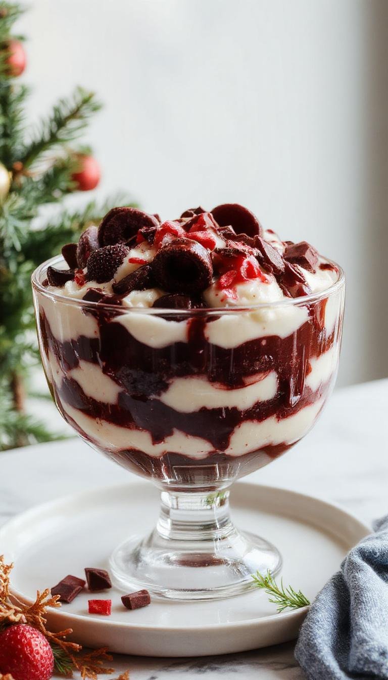 A layered Black Forest Trifle in a clear glass bowl, showcasing rich dark chocolate sponge cake, vibrant red cherry compote, and fluffy whipped cream topped with chocolate shavings and fresh cherries. The dessert is beautifully assembled to highlight the contrasting colors and textures, with each layer visibly distinct and inviting.