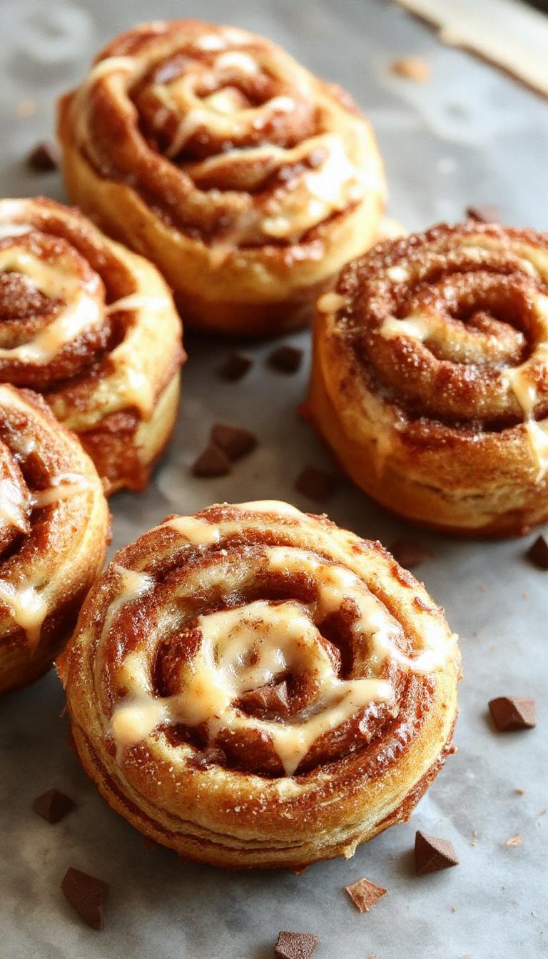 Close-up of Cinnamon Roll French Toast Bites arranged on a white plate, topped with a drizzle of glaze and surrounded by syrup, golden-brown and crispy with visible cinnamon swirls and soft centers
