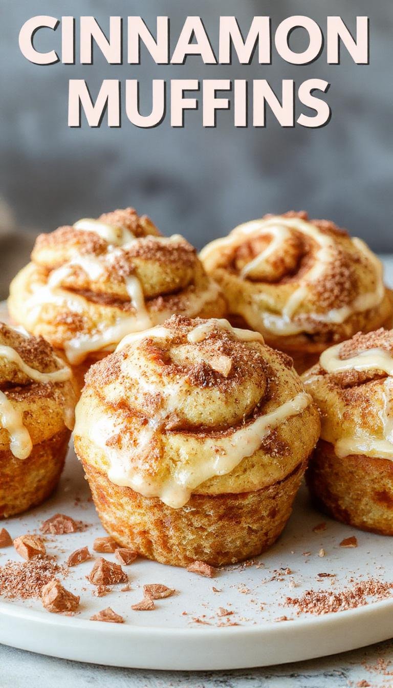 A close-up of golden-brown cinnamon roll muffins arranged on a rustic wooden platter. The muffins are topped with a swirl of melted glaze and sprinkled with cinnamon sugar, showcasing their soft, fluffy texture and cinnamon swirls inside. The background features a cozy breakfast setting with a cup of coffee and a napkin, emphasizing a warm, inviting atmosphere.