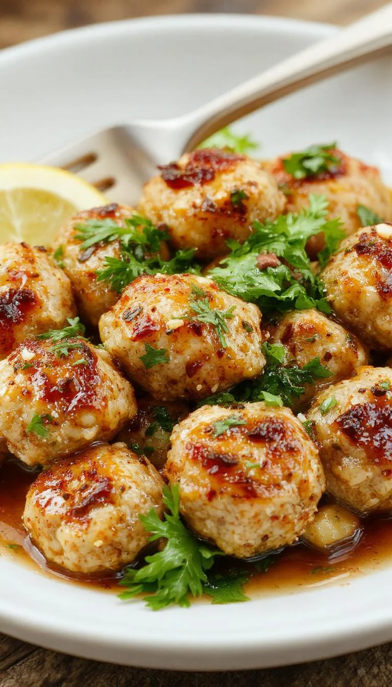 A close-up of golden-brown coconut chicken meatballs arranged elegantly on a white plate, garnished with shredded coconut and fresh herbs, with a tropical-themed background featuring sliced pineapple and vibrant green leaves. The meatballs appear crispy on the outside with a hint of coconut flakes visible, and the presentation is accented with a drizzle of sauce for added appeal.