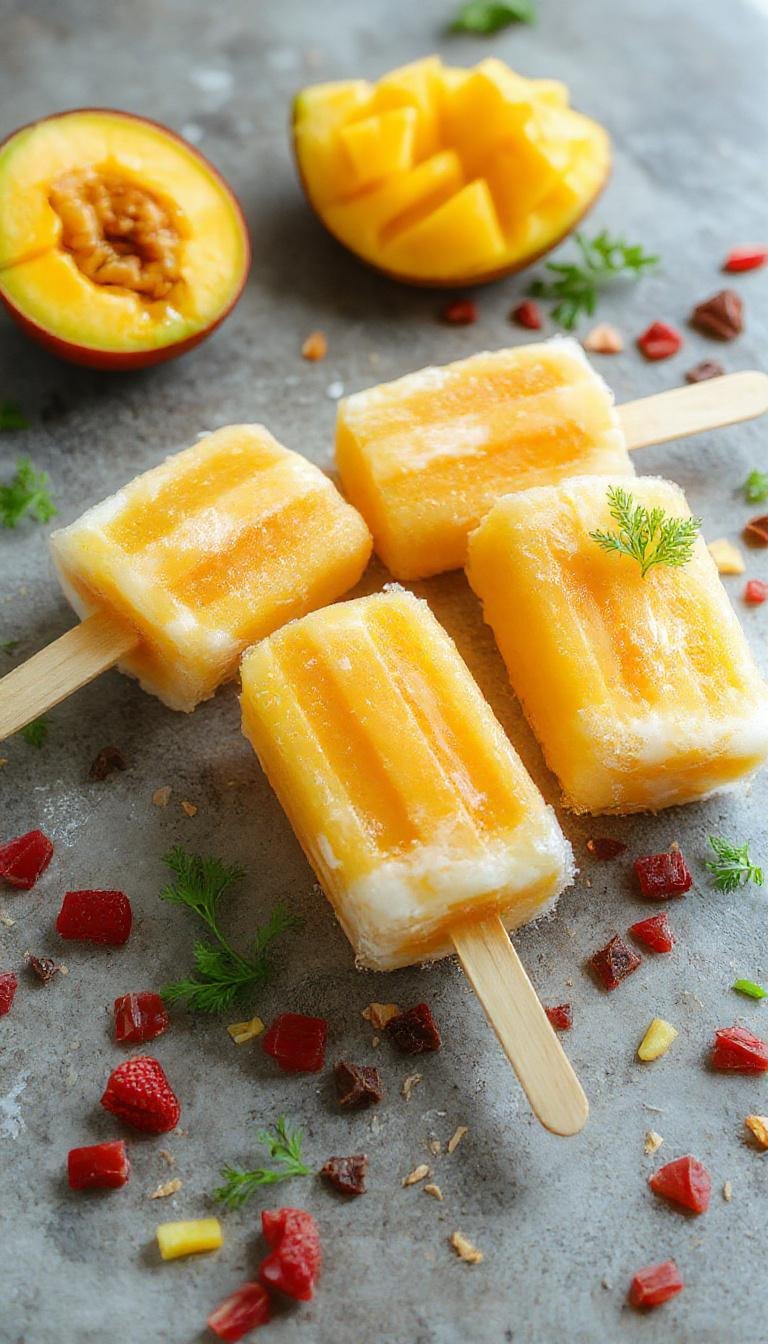 A row of vibrant coconut mango popsicles with swirls of orange and white, topped with shredded coconut, presented on a rustic wooden surface with a tropical backdrop and fresh mango slices nearby.