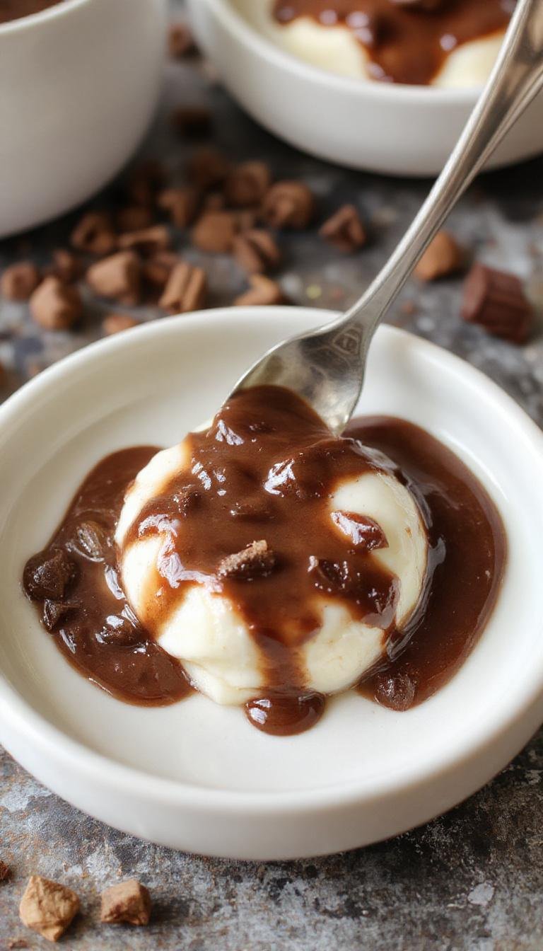 A creamy coffee-colored panna cotta served in a clear glass ramekin, topped with a glossy dark cocoa sauce and a sprinkle of cocoa powder on top. The panna cotta has a smooth, velvety texture with a delicate wobble, and the presentation is elegant and inviting, highlighting the rich contrast between the pale dessert and the dark sauce.