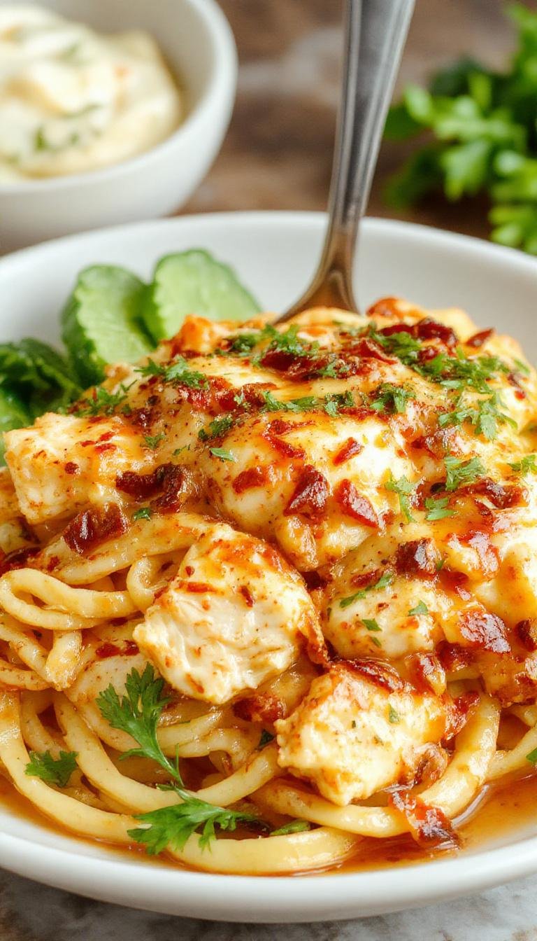 A rustic plate features al dente linguine coated in a rich, buttery sauce with tender pieces of chicken and garnished with chopped herbs. The dish is served on a wooden table, showcasing golden brown chicken, glossy pasta, and a sprinkle of green herbs, creating an inviting and hearty presentation.