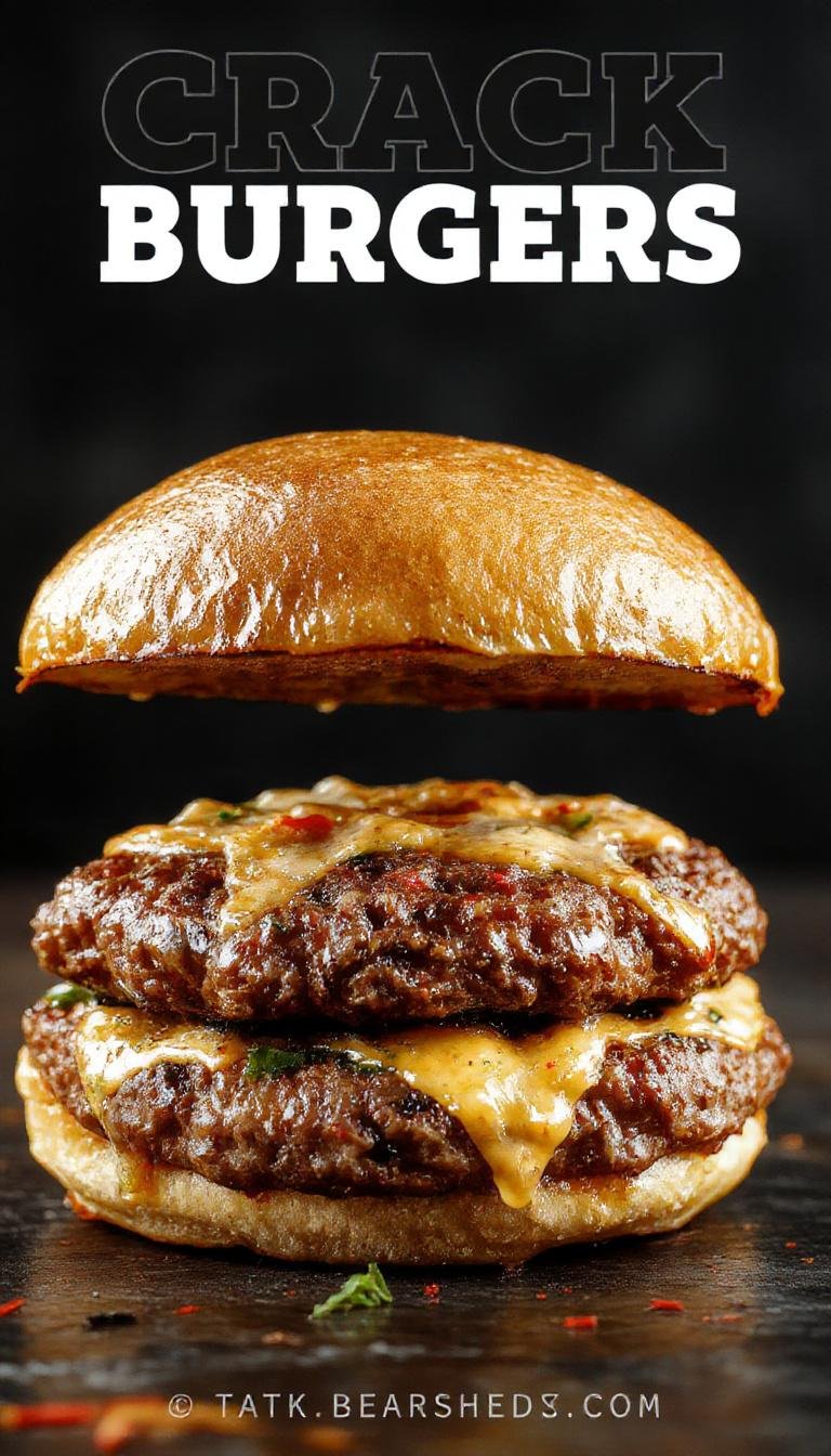 A close-up of a juicy crack burger showcasing a toasted sesame seed bun with a thick, flavorful beef patty. Melting cheddar cheese drapes over the sides, topped with fresh lettuce, ripe tomato slices, and crisp pickles. The burger is garnished with a dollop of sauce and arranged on a rustic wooden board, highlighting its savory appeal and juicy texture.