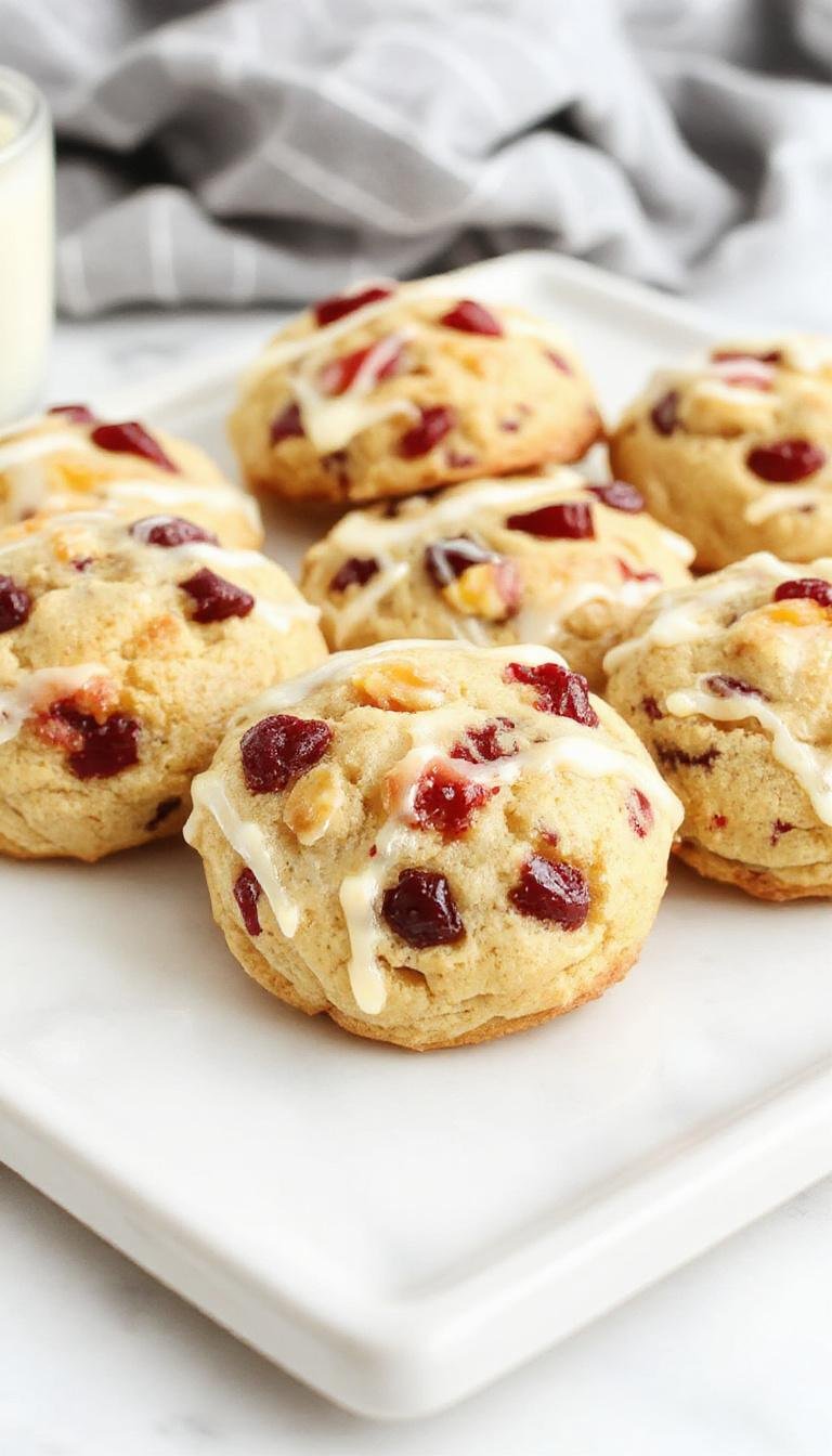 Golden-brown cranberry orange cookies with a slightly crackled surface, dotted with vibrant red cranberries and tiny orange zest bits, arranged neatly on a rustic white platter with sprigs of fresh holly and orange slices as decoration.