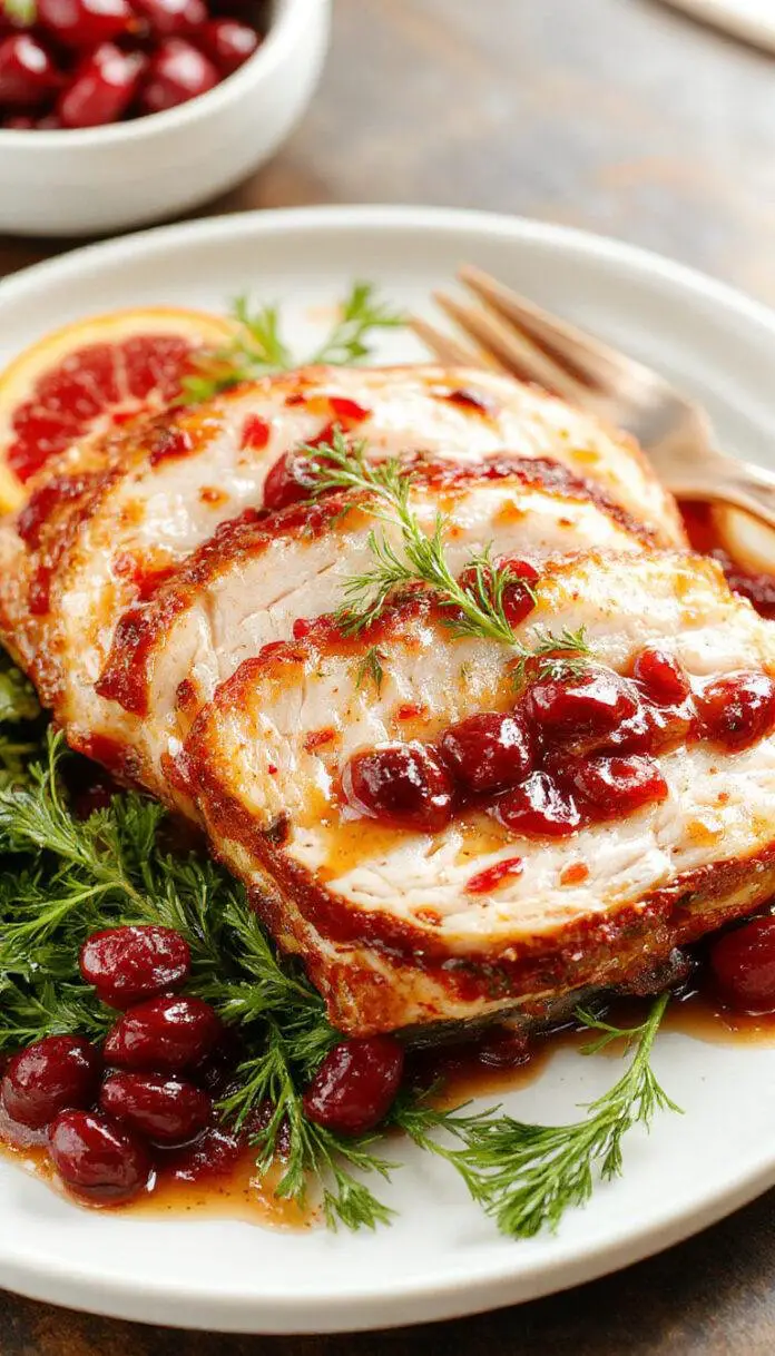 A perfectly cooked turkey breast glazed with a vibrant orange and cranberry sauce, garnished with fresh orange slices and sprigs of rosemary, presented on a white ceramic platter with a glossy, caramelized glaze reflecting light, surrounded by sprigs of greenery and cranberries, highlighting a festive holiday setting.