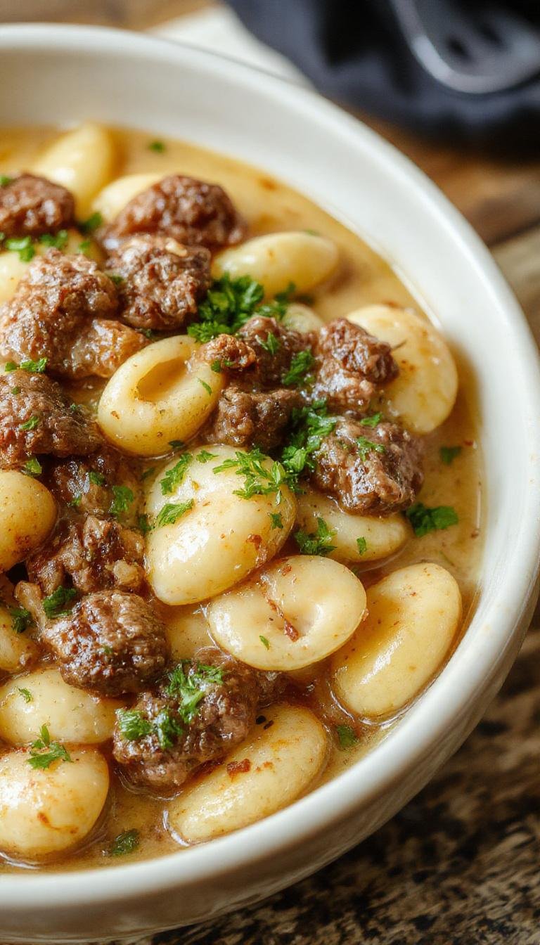 A serving of creamy beef and shells pasta on a white plate, topped with grated parmesan and fresh parsley, showcasing a rich, cheesy sauce coating the pasta and tender beef bits, with a rustic wooden table background.