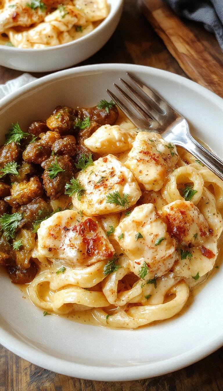 A close-up of a white plate featuring creamy cowboy butter chicken served over al dente linguine. The chicken portions are coated in a rich, buttery sauce with visible specks of herbs and spices. Garnished with chopped parsley, the dish exudes warmth and comfort, with a glossy, flavorful sauce that contrasts beautifully with the pale pasta and tender chicken pieces.