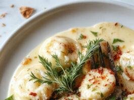 A close-up of creamy tortellini pasta coated in a rich, velvety sauce, garnished with fresh green herbs, served on a white ceramic plate with a sprinkle of grated cheese. The pasta is expertly folded, showing the filling inside, with a glossy sheen highlighting its Italian craftsmanship.