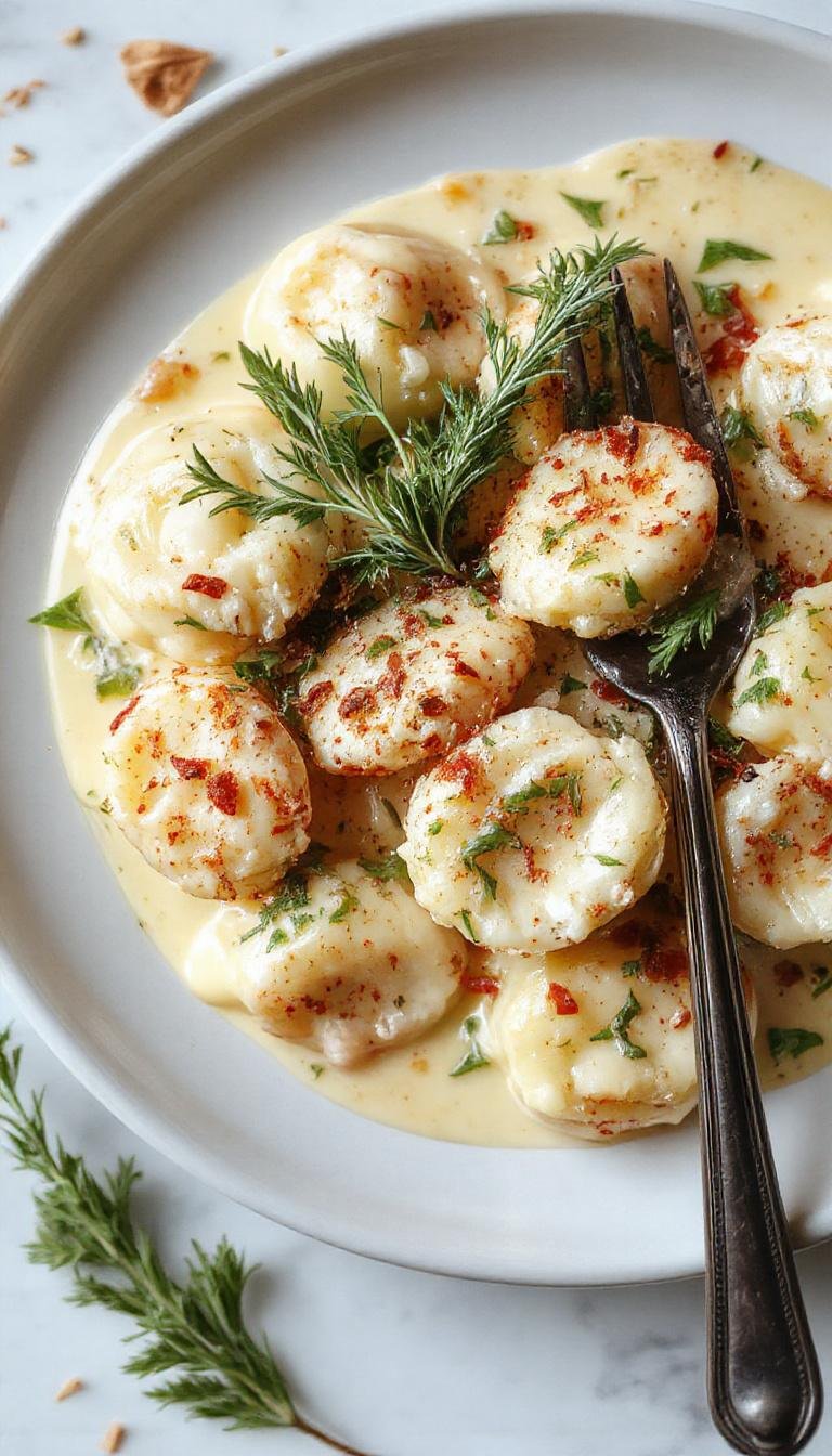 A close-up of creamy tortellini pasta coated in a rich, velvety sauce, garnished with fresh green herbs, served on a white ceramic plate with a sprinkle of grated cheese. The pasta is expertly folded, showing the filling inside, with a glossy sheen highlighting its Italian craftsmanship.