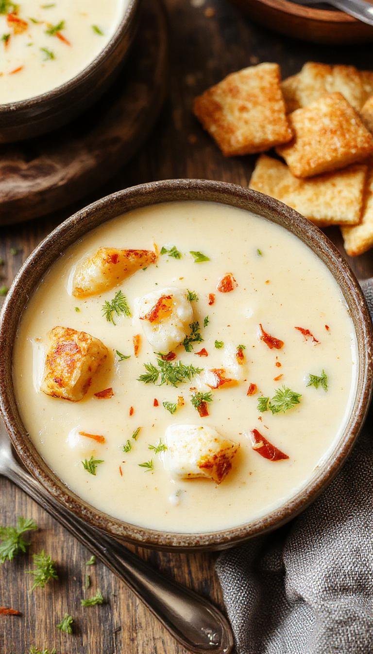 A steaming bowl of creamy jalapeno popper soup showcasing vibrant green jalapenos, melted cheese on top, and garnished with fresh herbs, served in a rustic bowl with a spoon, against a cozy wooden table background.