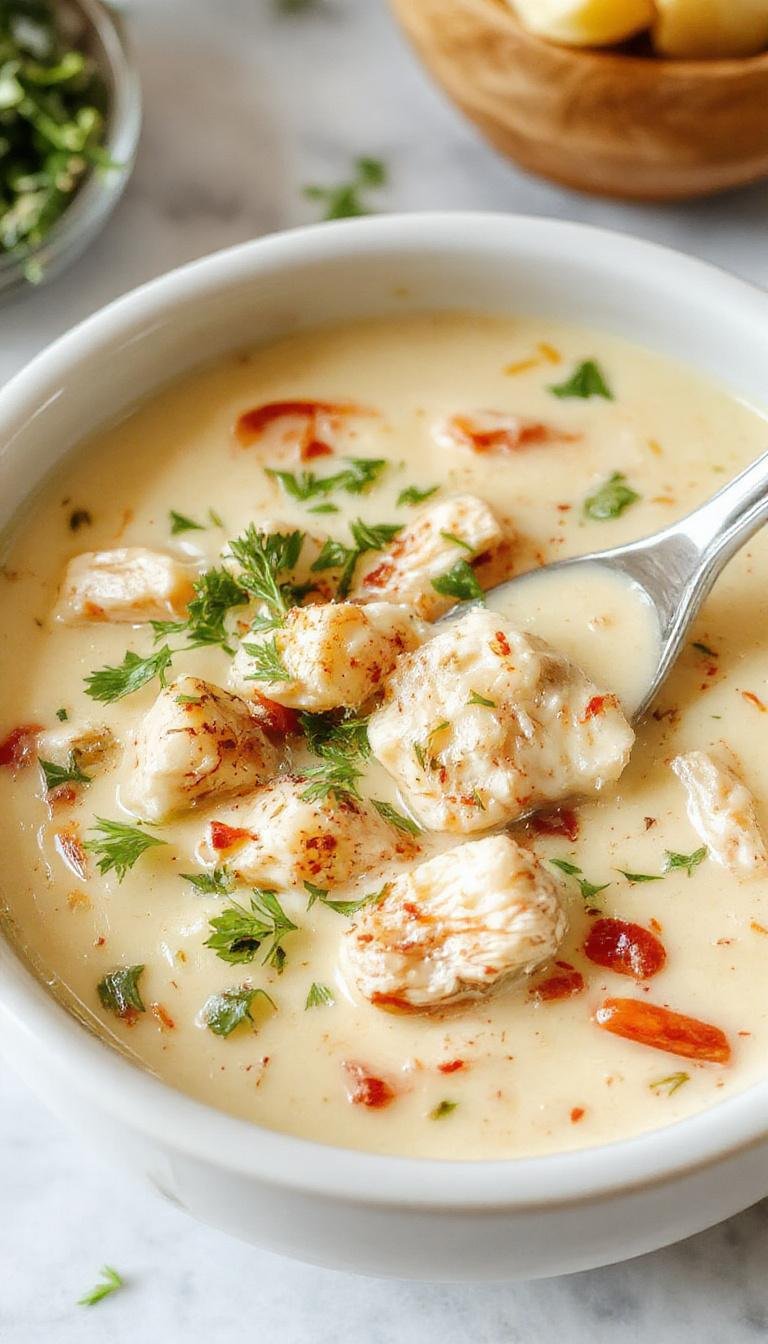 A steaming bowl of creamy keto chicken soup garnished with fresh herbs, featuring tender shredded chicken, sliced vegetables, and a rich, velvety broth against a rustic wooden table.