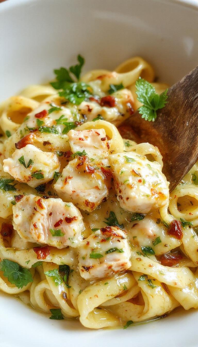 A close-up of a white plate featuring a creamy pesto chicken pasta garnished with fresh basil leaves. The pasta is coated in a vibrant green pesto sauce, with tender pieces of chicken mixed throughout. The dish has a glossy, luscious appearance, with a sprinkle of grated Parmesan cheese on top. In the background, a fork rests on the side, and the setting includes a rustic wooden table with a light, airy ambiance.