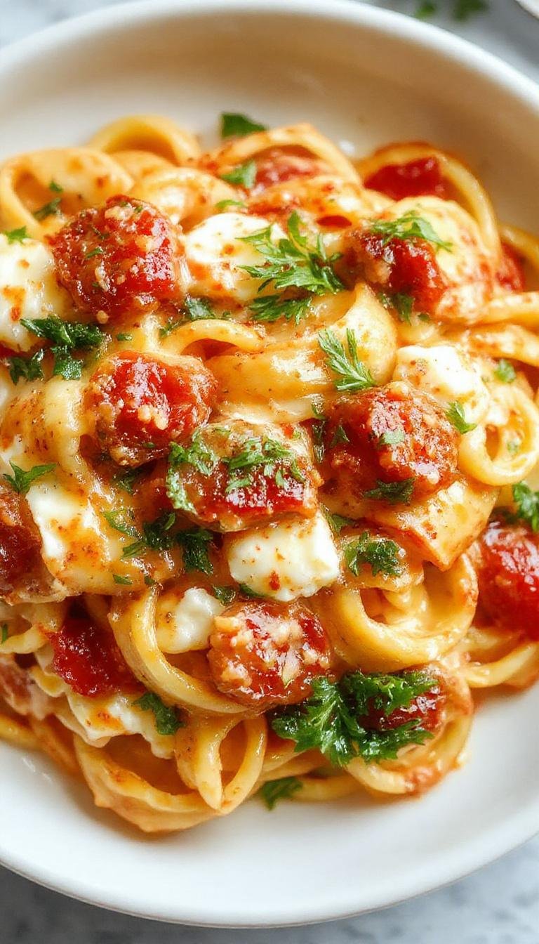 A close-up of a creamy tomato ricotta pasta dish served in a white ceramic bowl. The pasta is coated in a rich, red tomato sauce with dollops of white ricotta cheese on top, garnished with fresh basil leaves. The surface glistens with a light sheen of olive oil, and the dish is presented on a rustic wooden table with a background of chopped herbs and a glass of white wine.