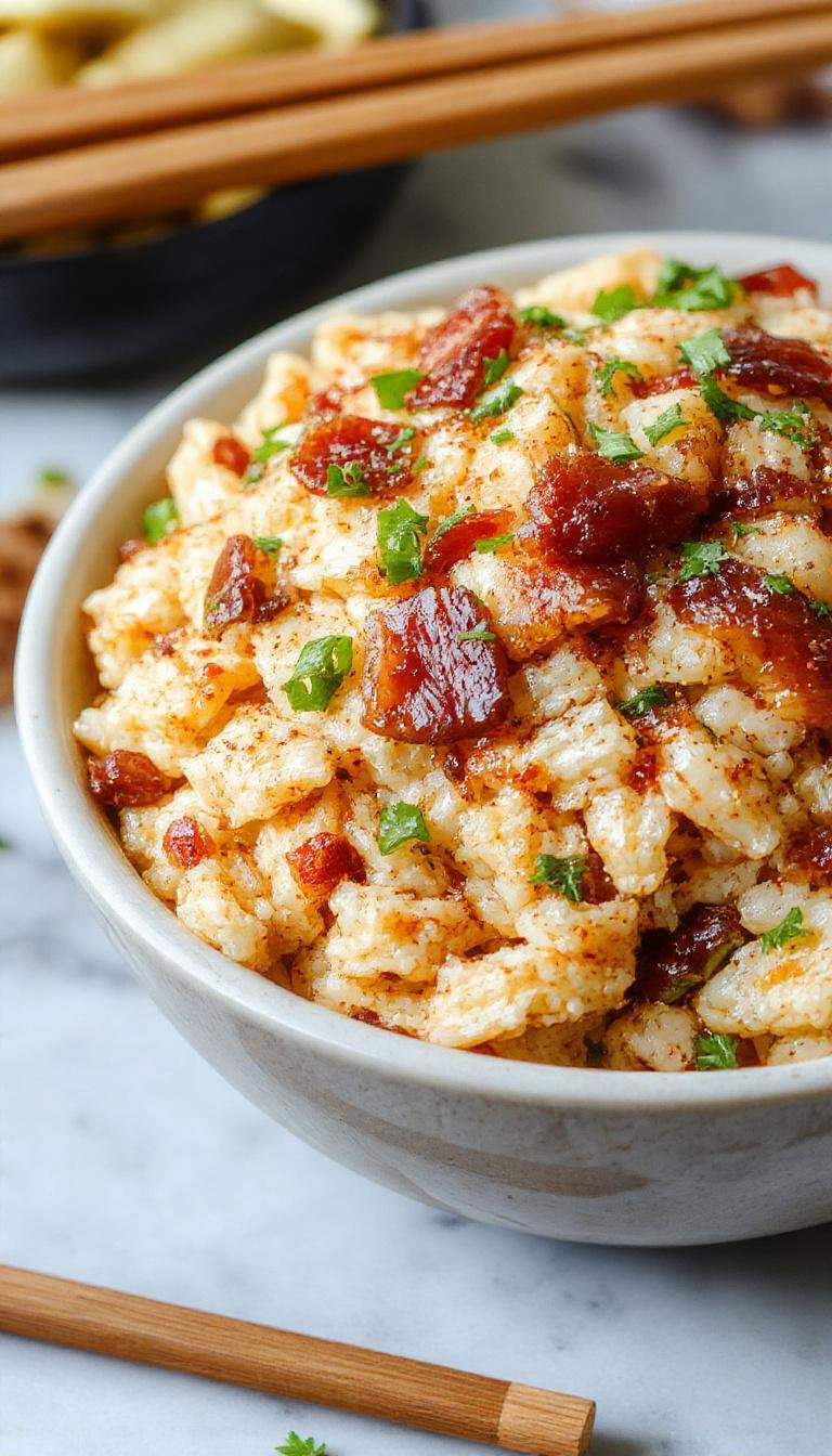 A steaming plate of crispy bacon fried rice featuring golden-brown rice grains mixed with crispy bacon pieces, colorful vegetables, and garnished with chopped green onions, all arranged on a rustic white plate.