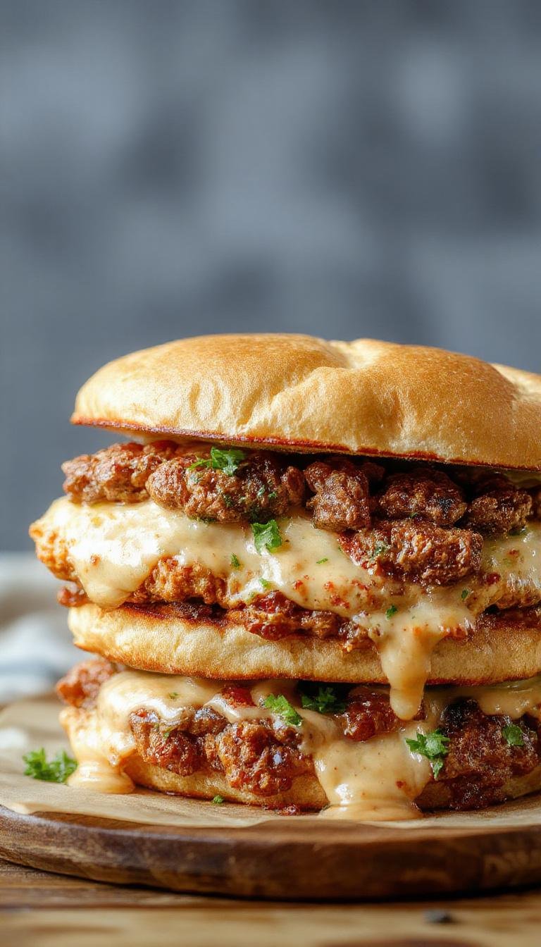 A close-up shot of a toasted sandwich featuring golden crispy beef, melted cheese oozing from the sides, topped with fresh green lettuce and a drizzle of ranch dressing, all presented on a rustic wooden board.