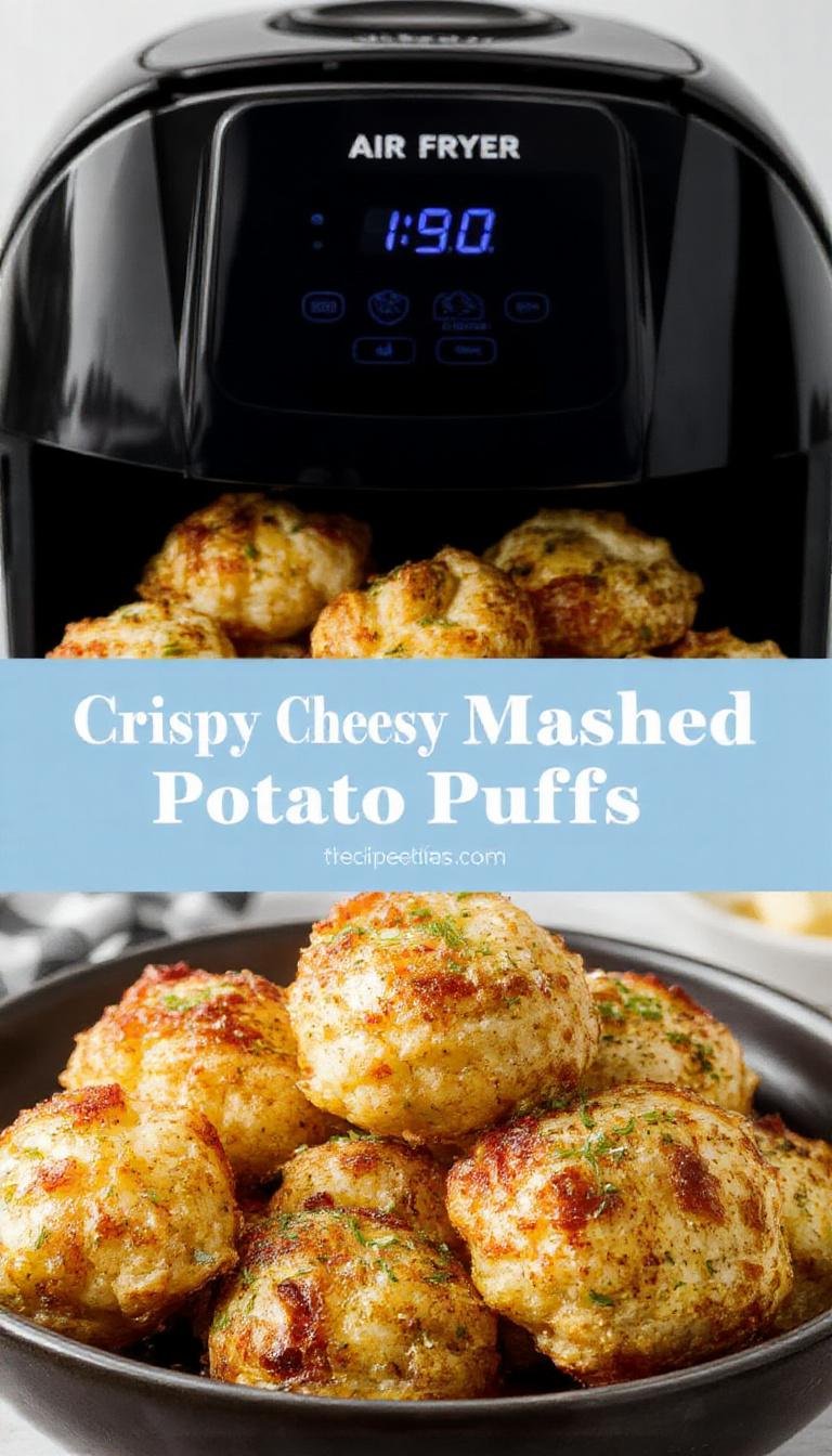 Golden-brown crispy cheesy mashed potato puffs arranged on a rustic white plate, garnished with fresh herbs, showcasing their crunchy exterior and soft, cheesy interior.