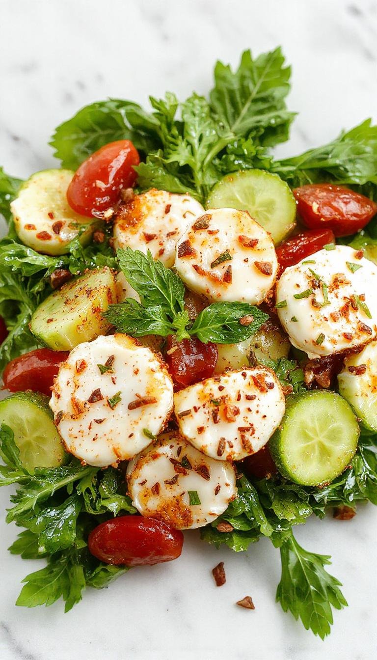A vibrant cucumber caprese salad featuring sliced cucumbers, cherry tomato halves, and fresh mozzarella balls, drizzled with balsamic glaze and basil leaves, arranged on a white plate with a colorful summer table setting in the background.