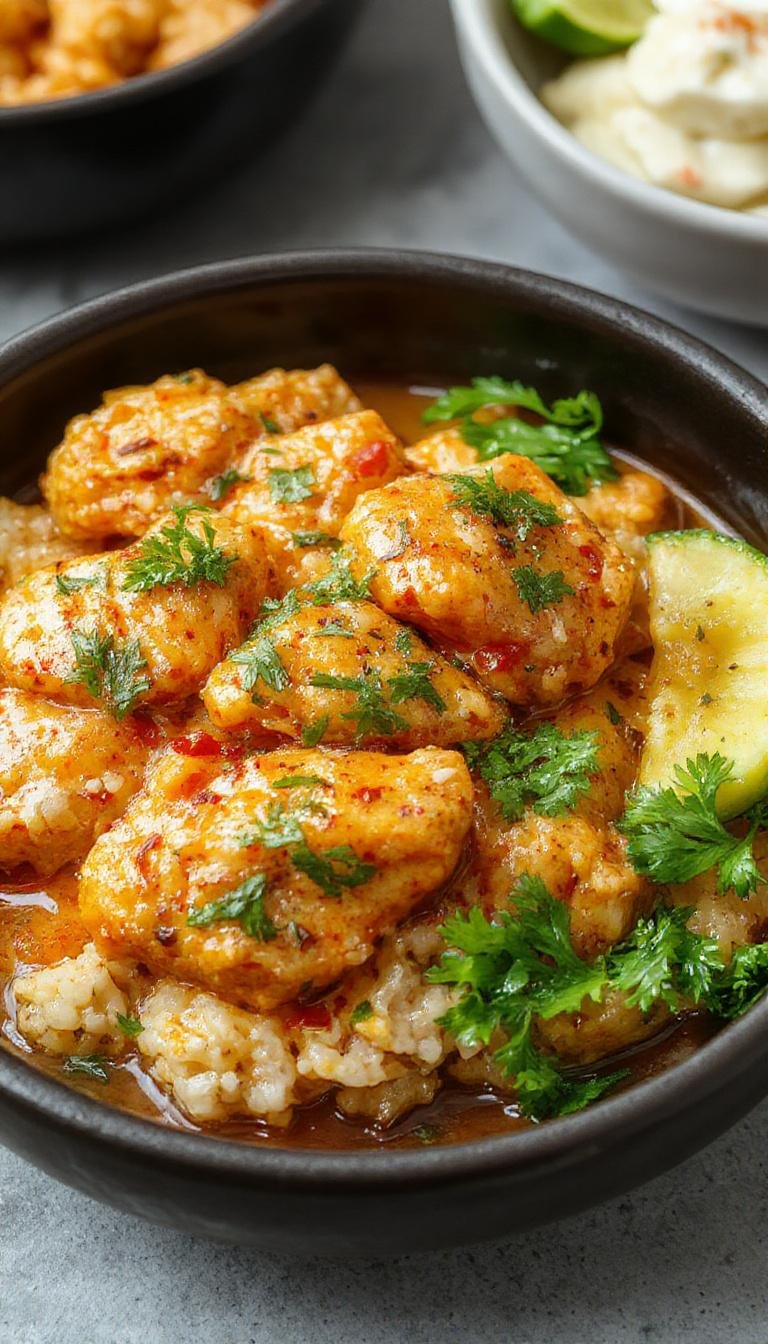 A vibrant plate of Butter Chicken featuring tender, juicy chicken pieces glazed with rich, orange-brown creamy sauce. The dish is garnished with fresh cilantro leaves and served alongside basmati rice. The glossy sauce glistens under warm lighting, highlighting its velvety texture and aromatic spices, presented on a rustic white plate with a hint of spice stains around the edges.